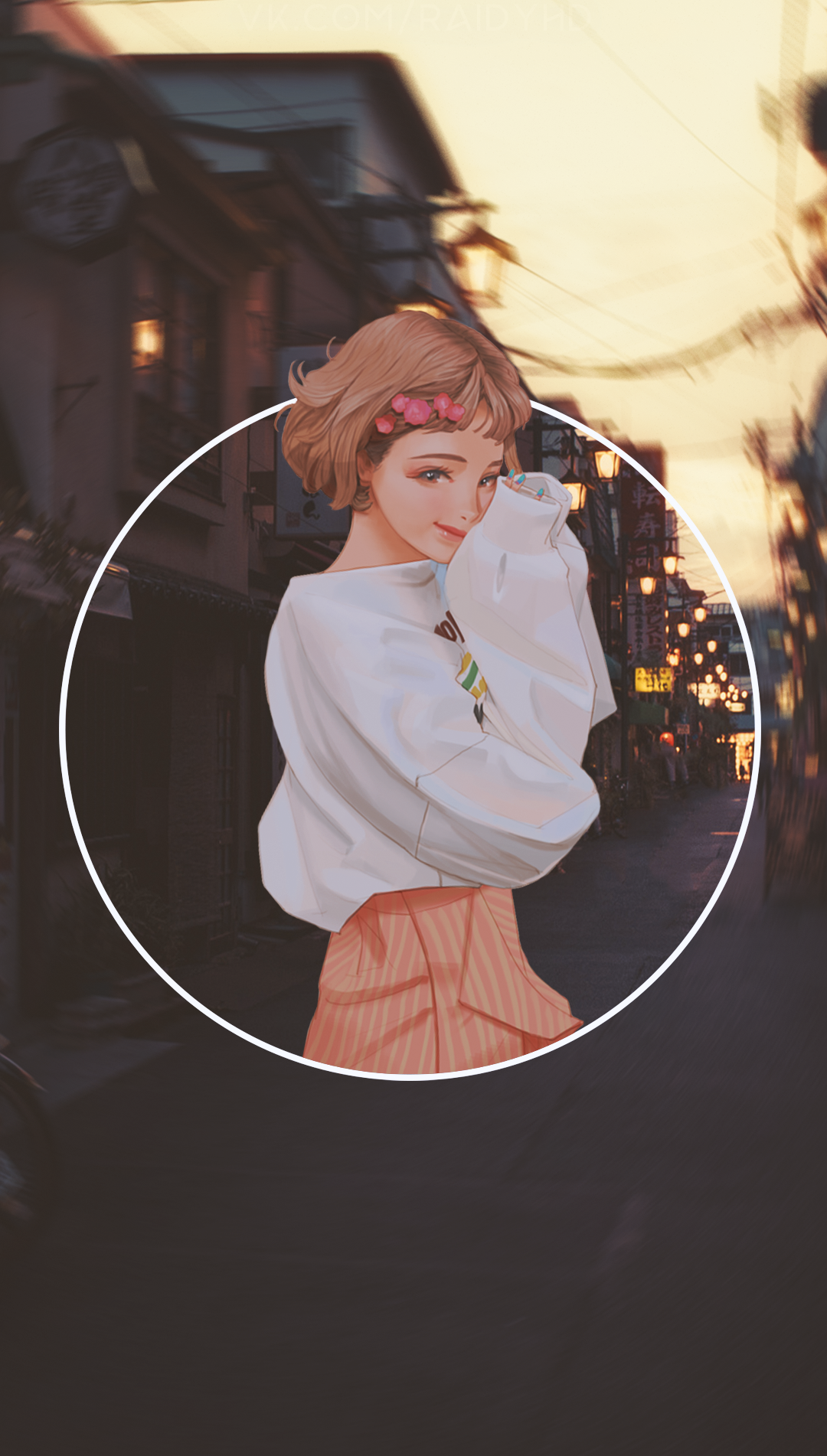 Anime girl with pink flowers in hair in a circle HD Phone Wallpaper