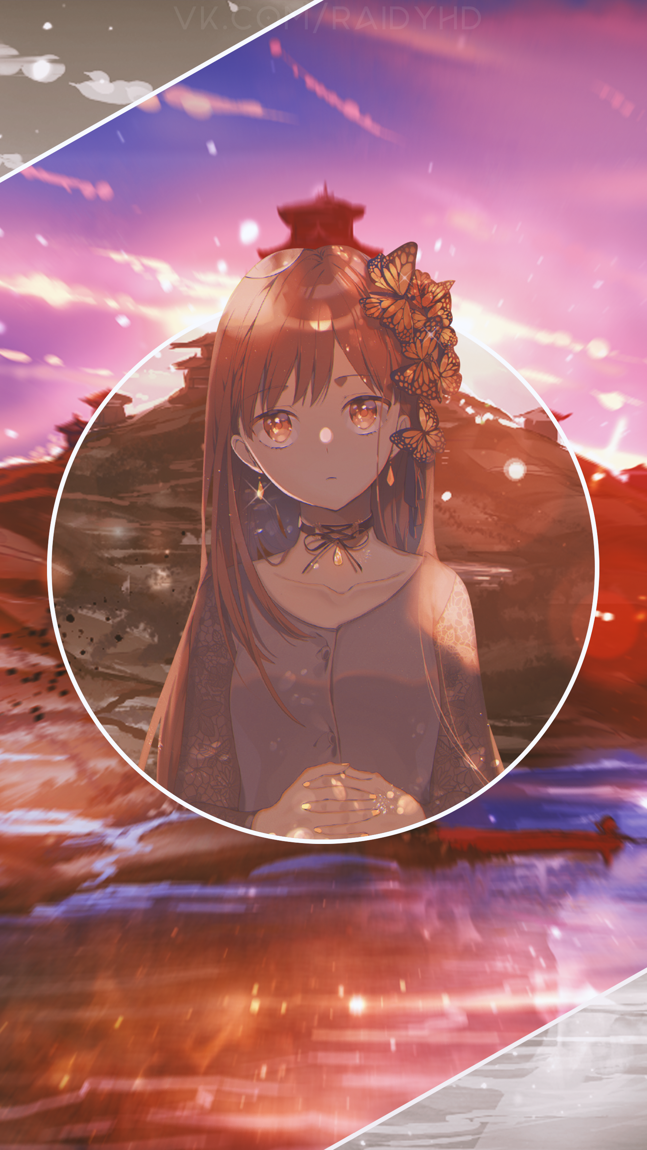 Anime girl with butterflies in hair at sunset HD Phone Wallpaper