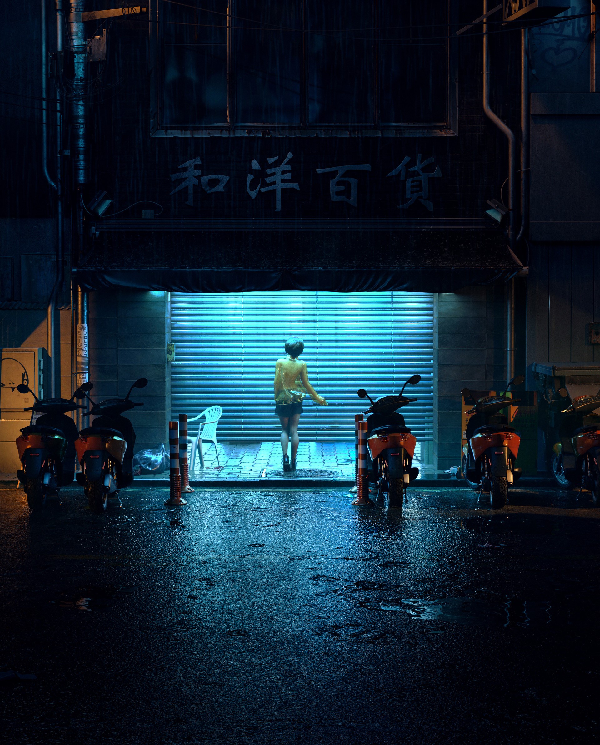 Woman in yellow jacket at night in wet alley with motorcycles HD Phone Wallpaper