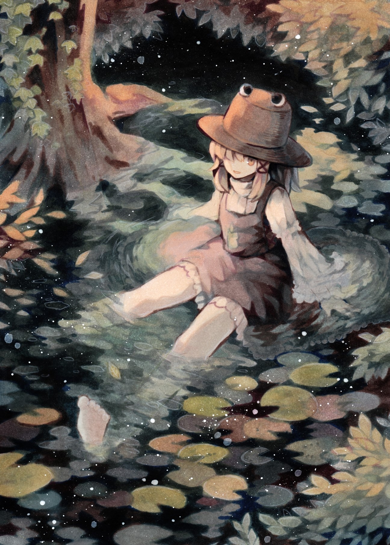 Anime girl with frog hat sitting in water HD Phone Wallpaper