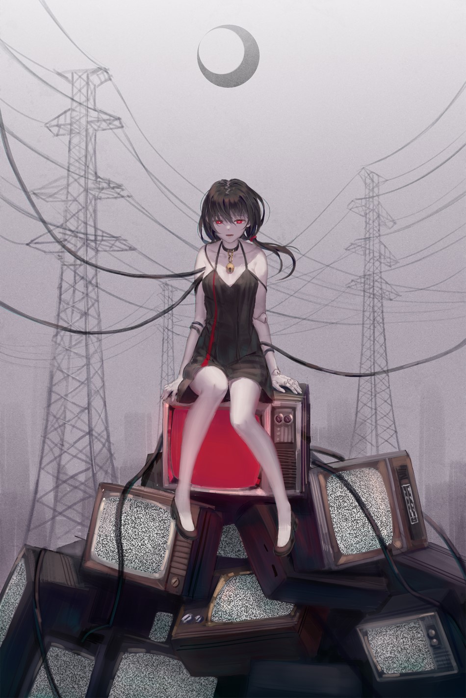 Anime girl with red eyes sitting on TVs near power lines HD Phone Wallpaper