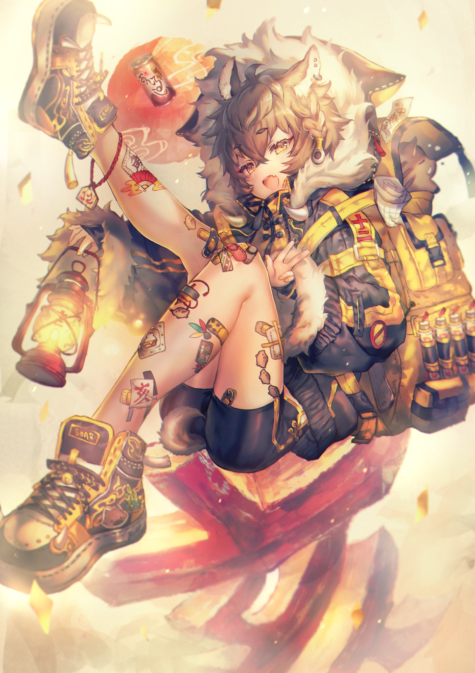 Anime boy with animal ears and tail holding lantern HD Phone Wallpaper