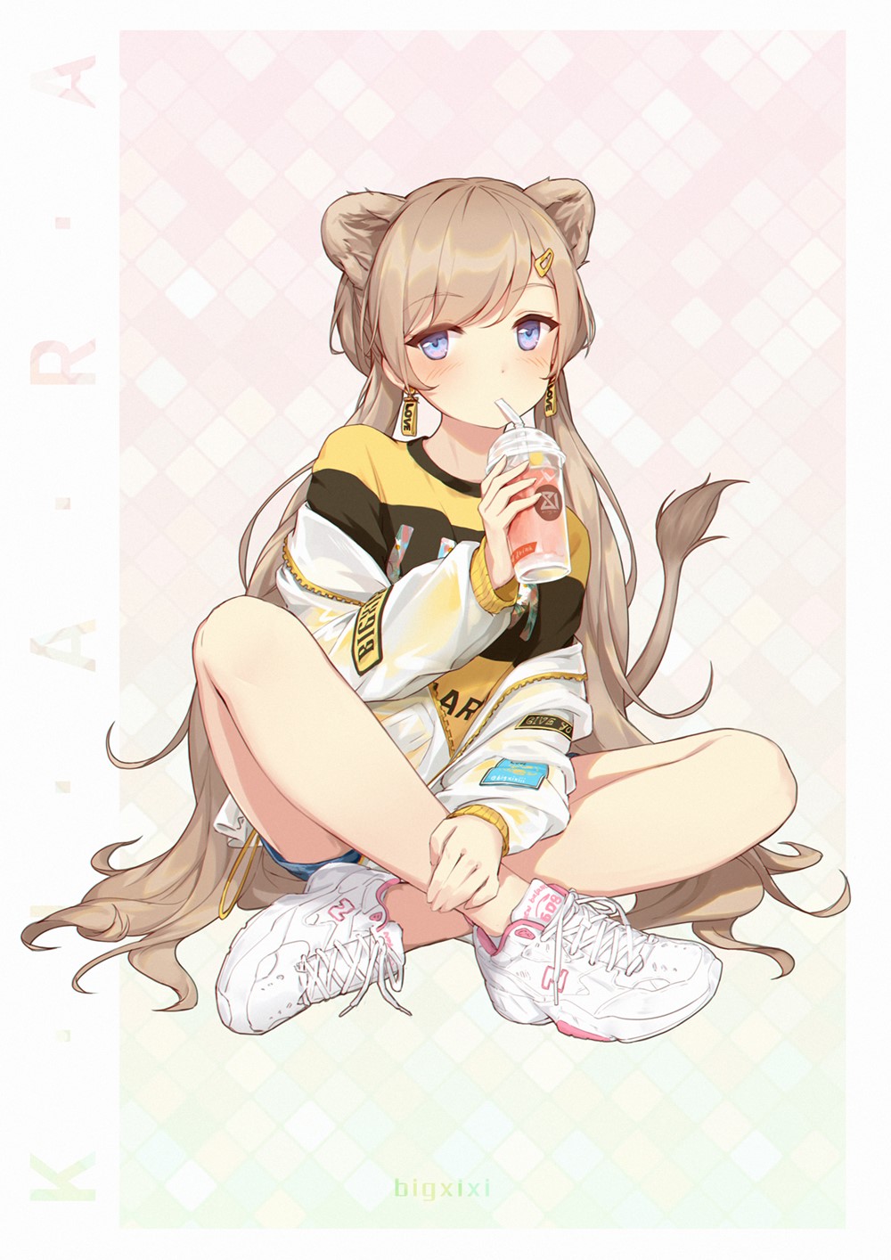 Anime girl with lion ears drinking a beverage HD Phone Wallpaper