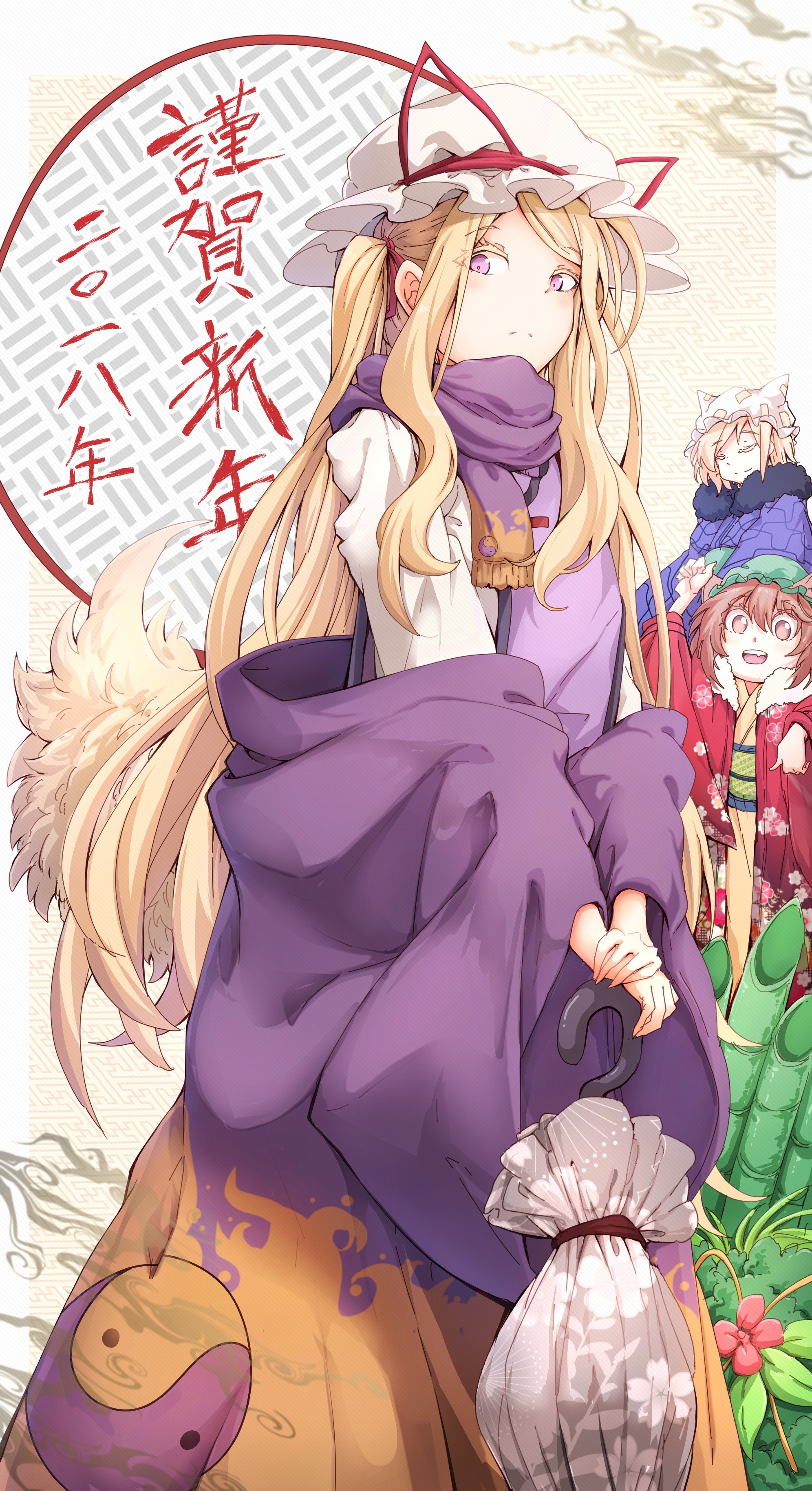 Anime girl with blonde hair and purple eyes from Touhou HD Phone Wallpaper