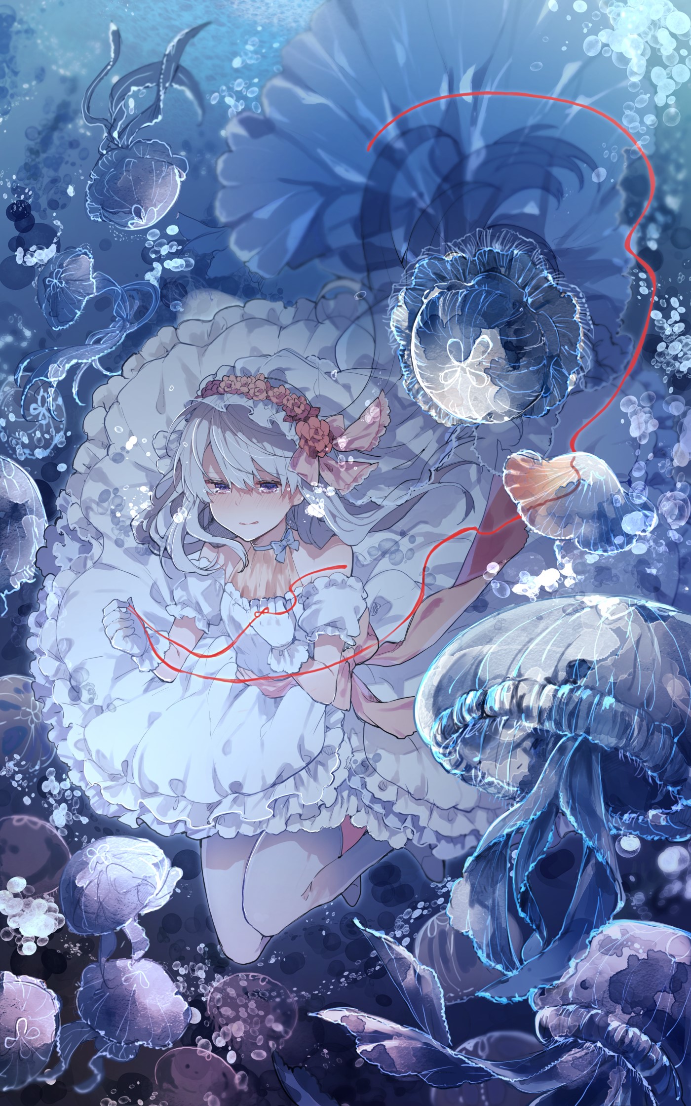 Anime girl in a white dress surrounded by jellyfish HD Phone Wallpaper