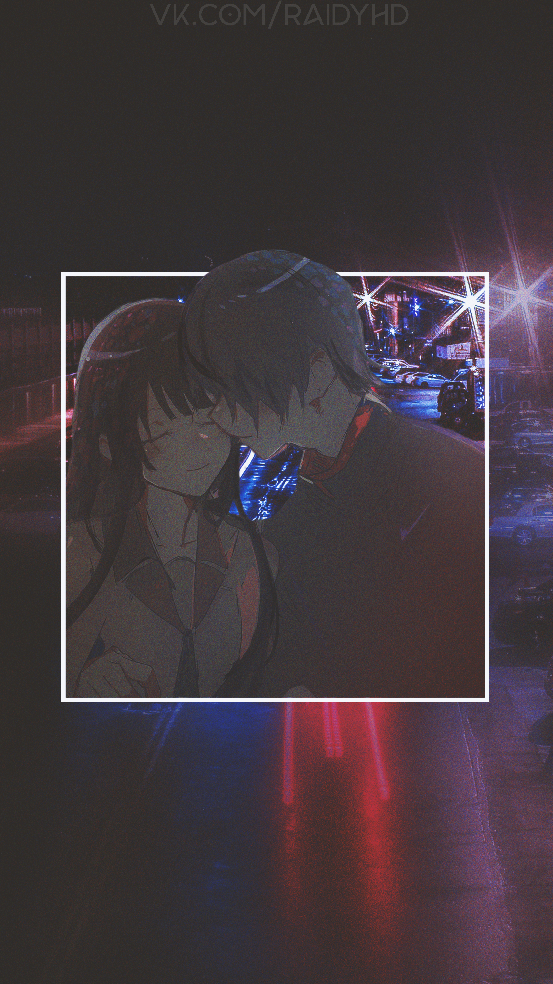 Anime couple embracing in a city at night HD Phone Wallpaper