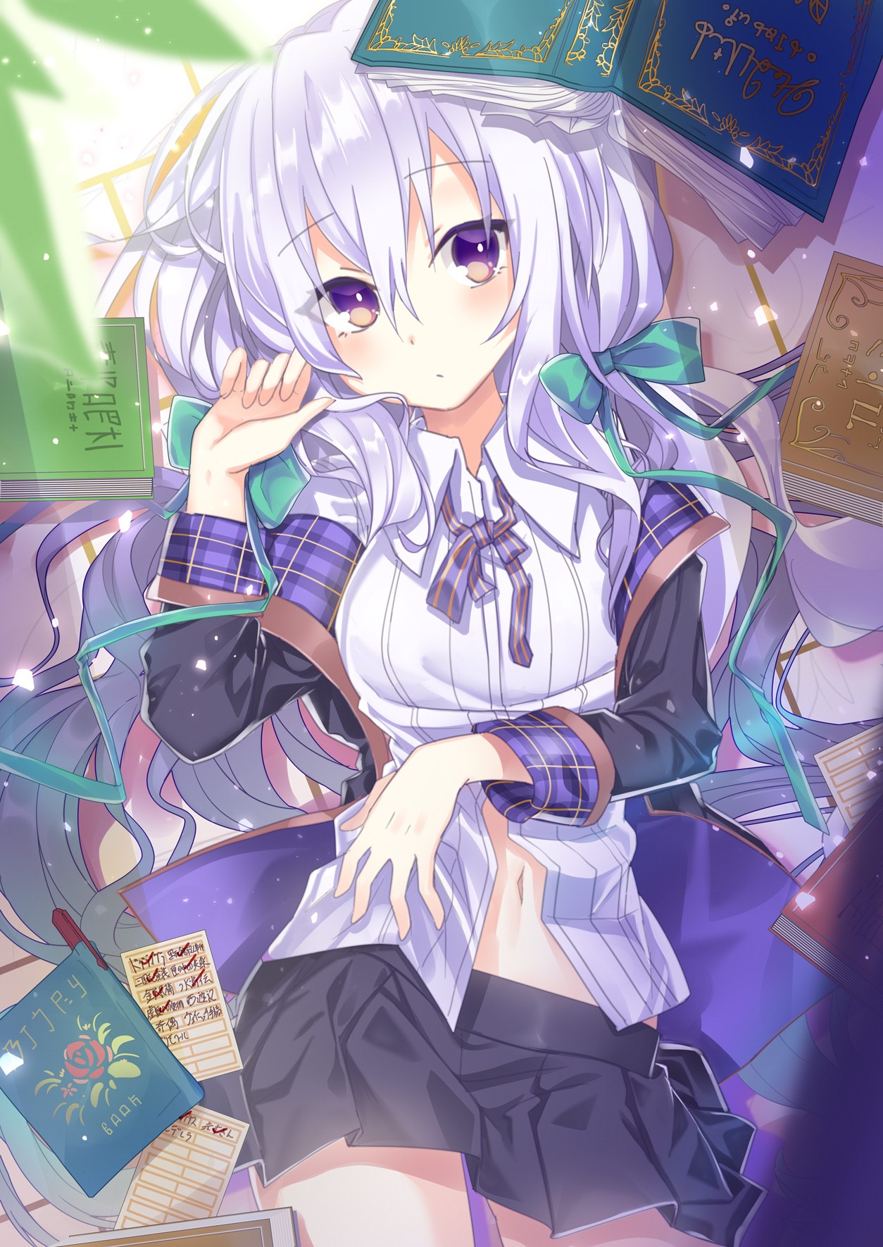 Anime girl with white hair and purple eyes surrounded by books HD Phone Wallpaper
