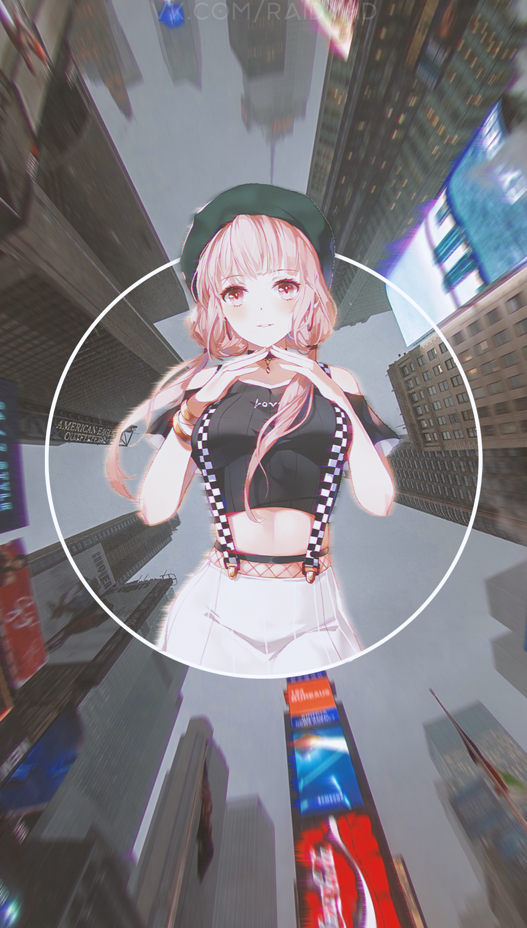 Anime girl with pink hair in Times Square HD Phone Wallpaper