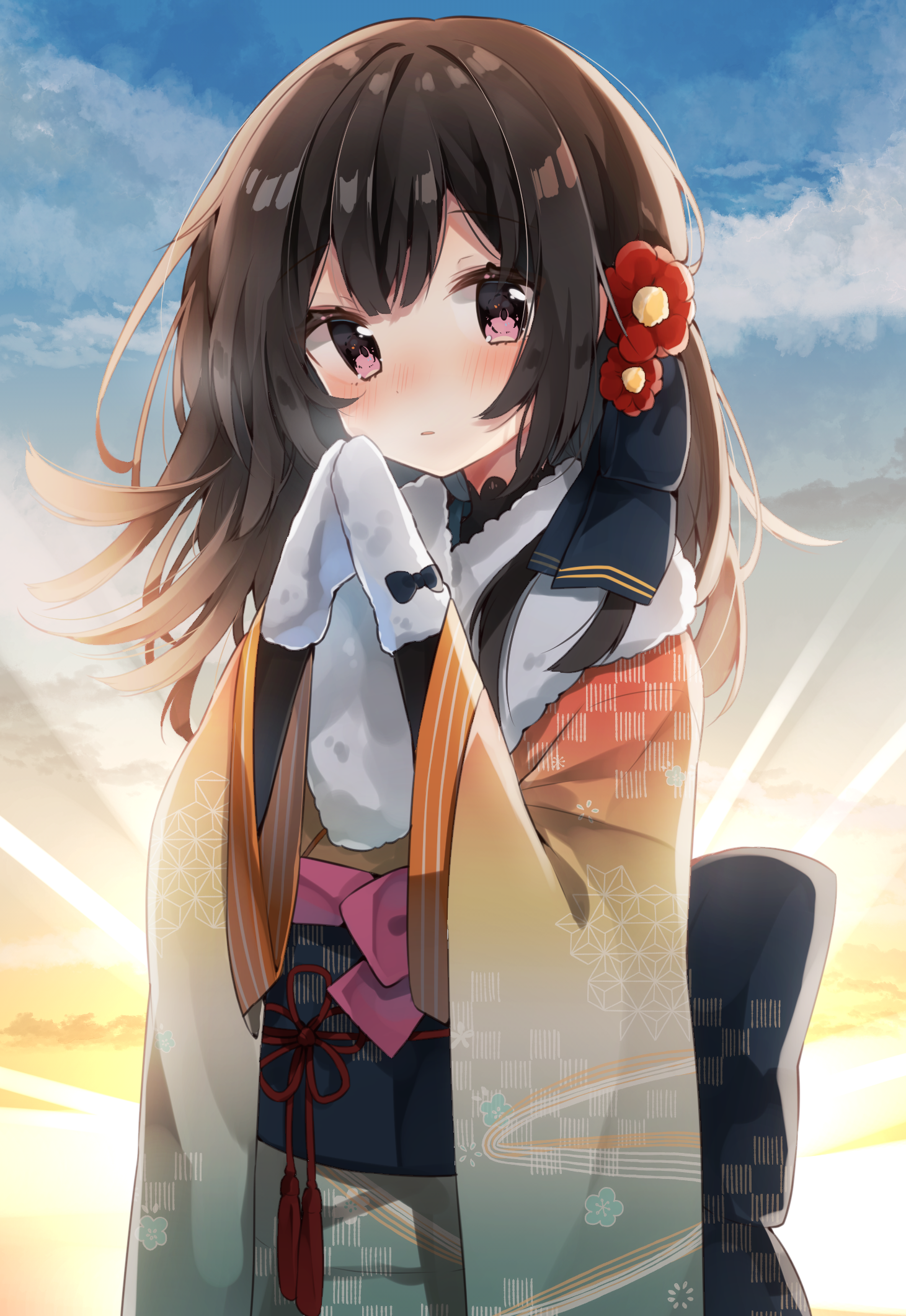 Anime girl with brown hair and kimono HD Phone Wallpaper