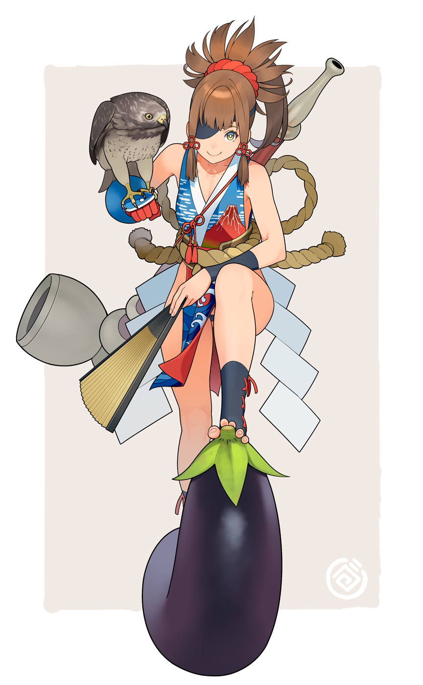 Anime girl with eyepatch and hawk on eggplant HD Phone Wallpaper
