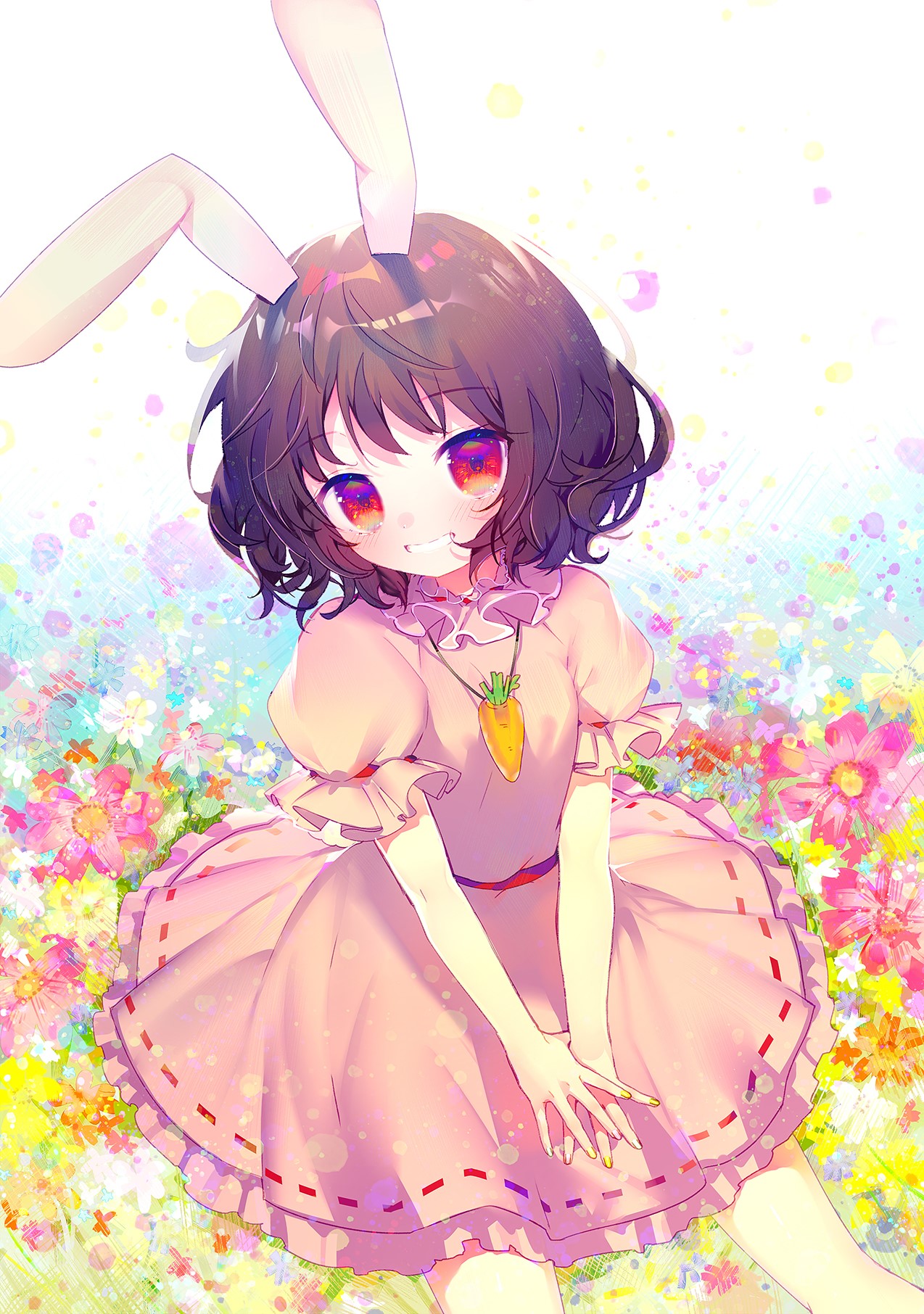 Inaba Tewi from Touhou in a pink dress with bunny ears HD Phone Wallpaper