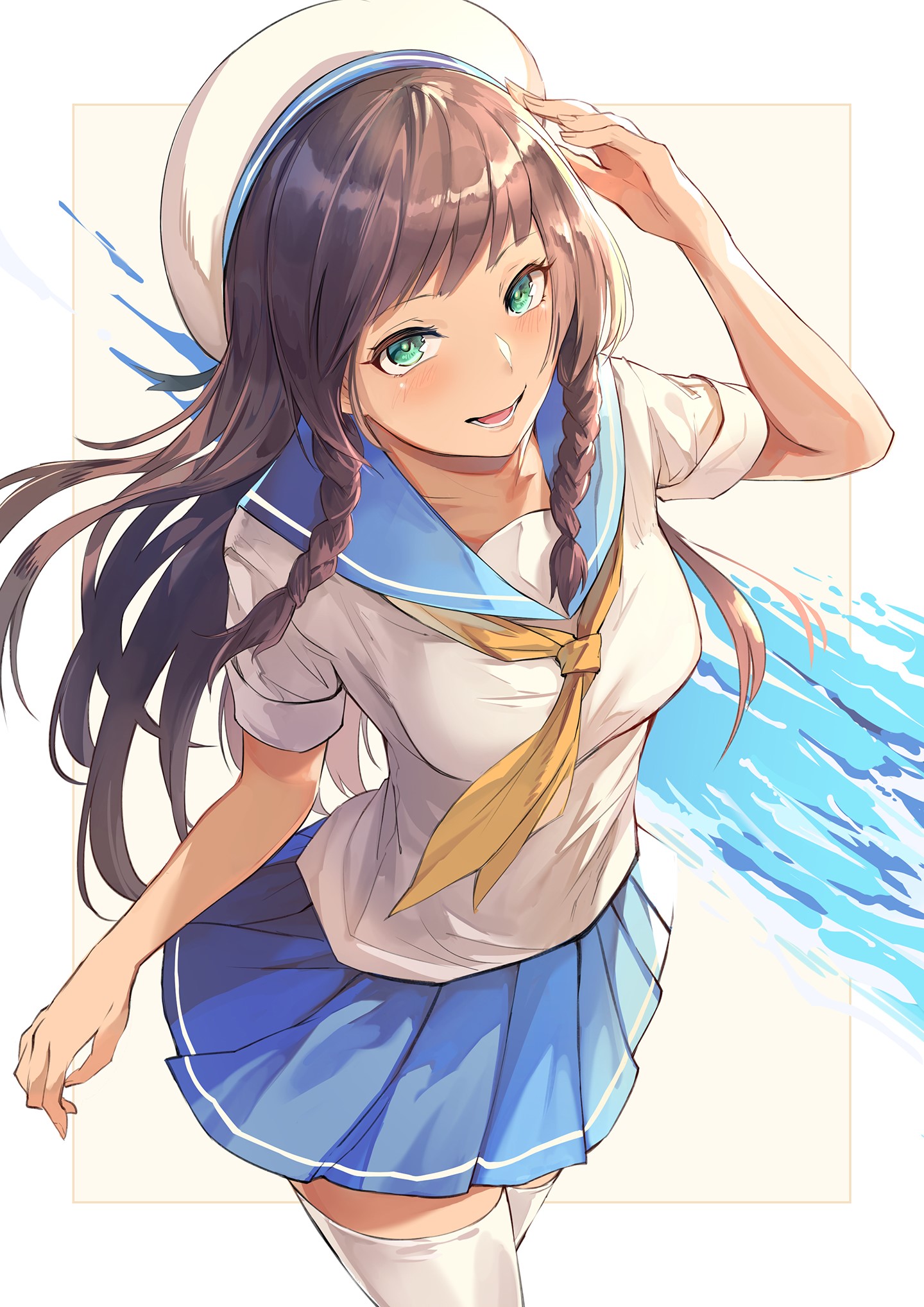 Anime girl with brown hair and green eyes in sailor uniform HD Phone Wallpaper