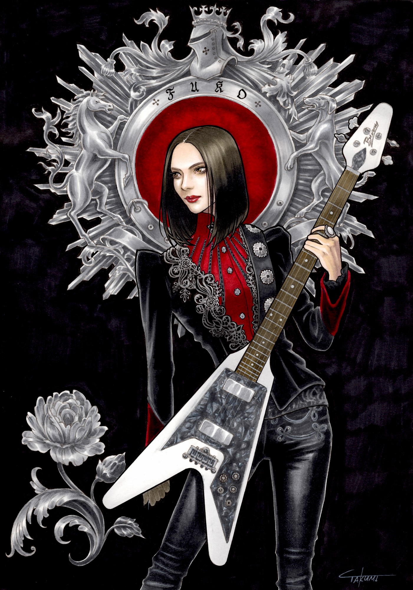 Anime girl with guitar and ornate crest HD Phone Wallpaper