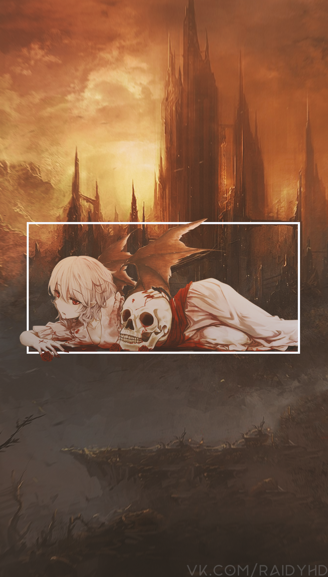 Anime girl with wings and a skull in a dark fantasy landscape HD Phone Wallpaper
