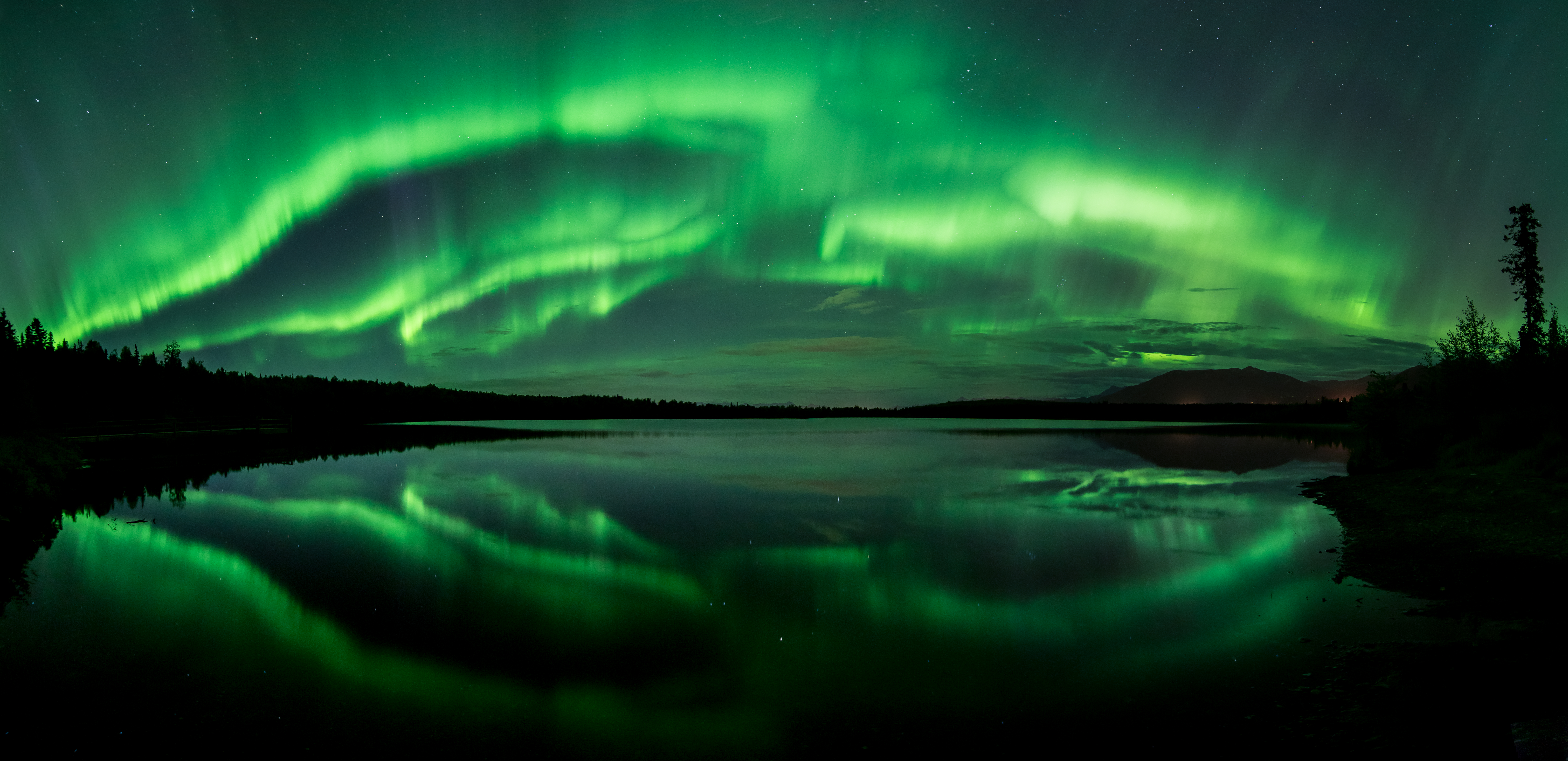 Aurora Borealis, 8K, Beach Lake, Alaska, 4K, Northern Lights, Panorama HD Wallpaper