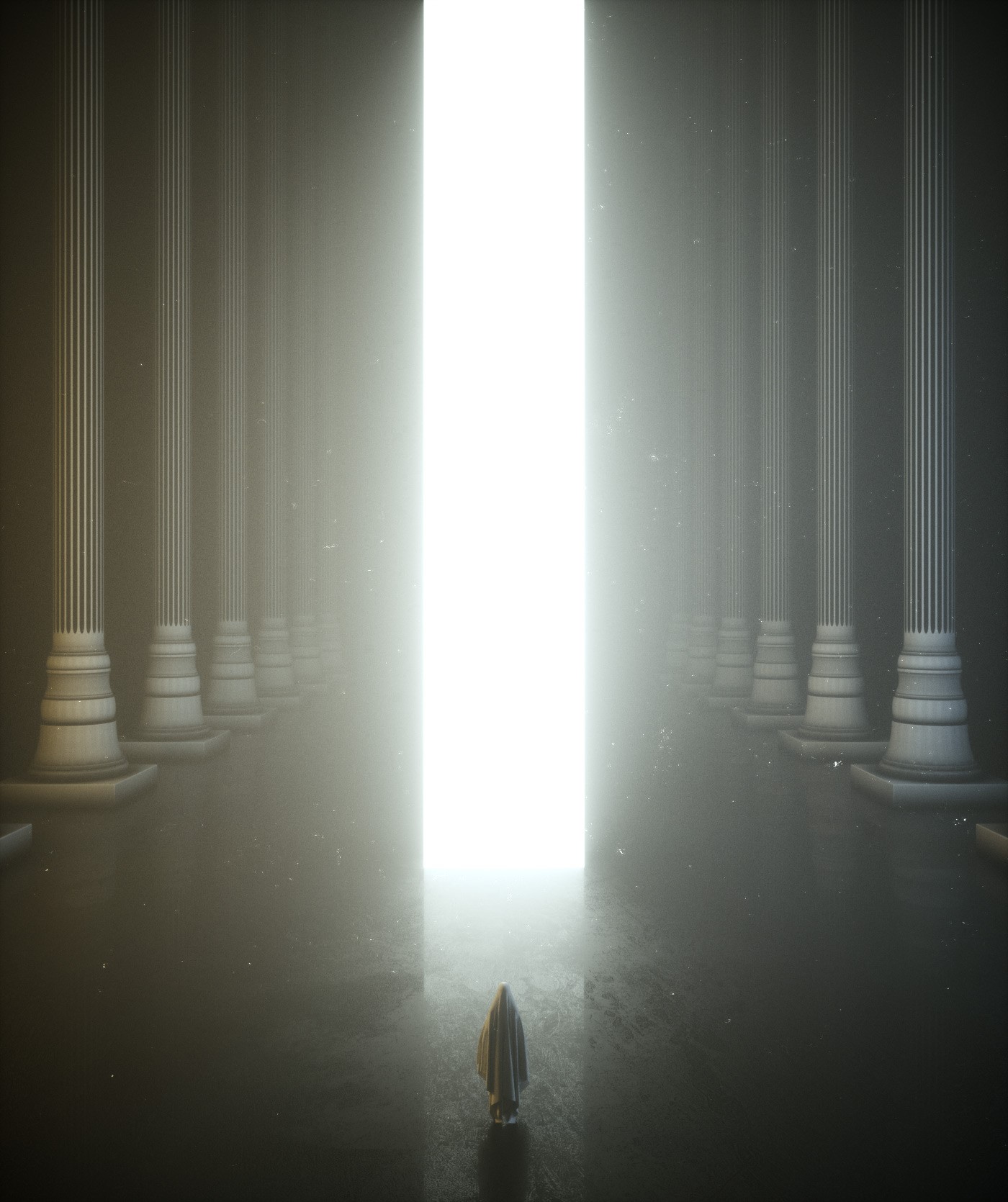 Figure in a grand hall with bright light HD Phone Wallpaper