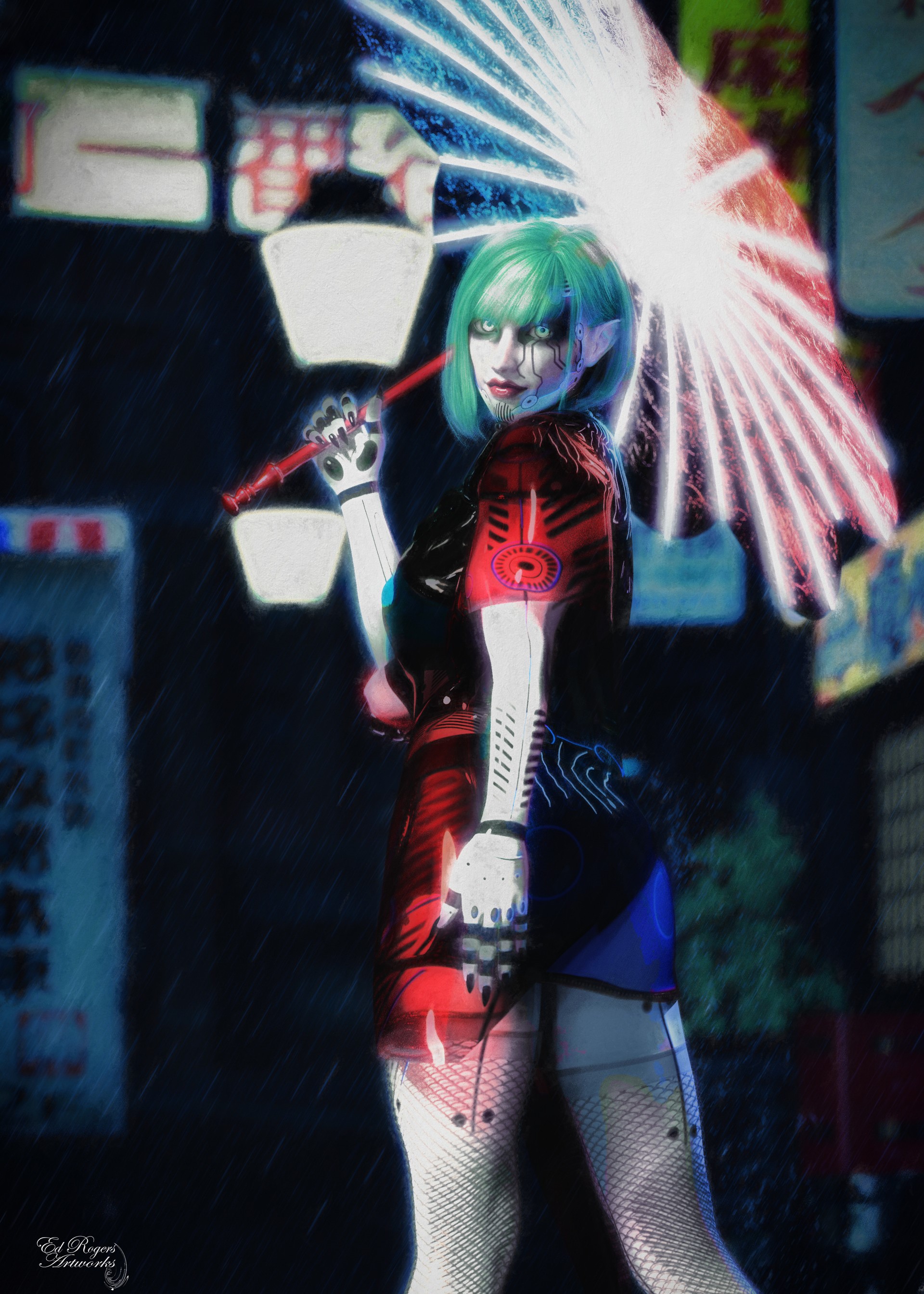 Cyborg woman with green hair holding an umbrella HD Phone Wallpaper