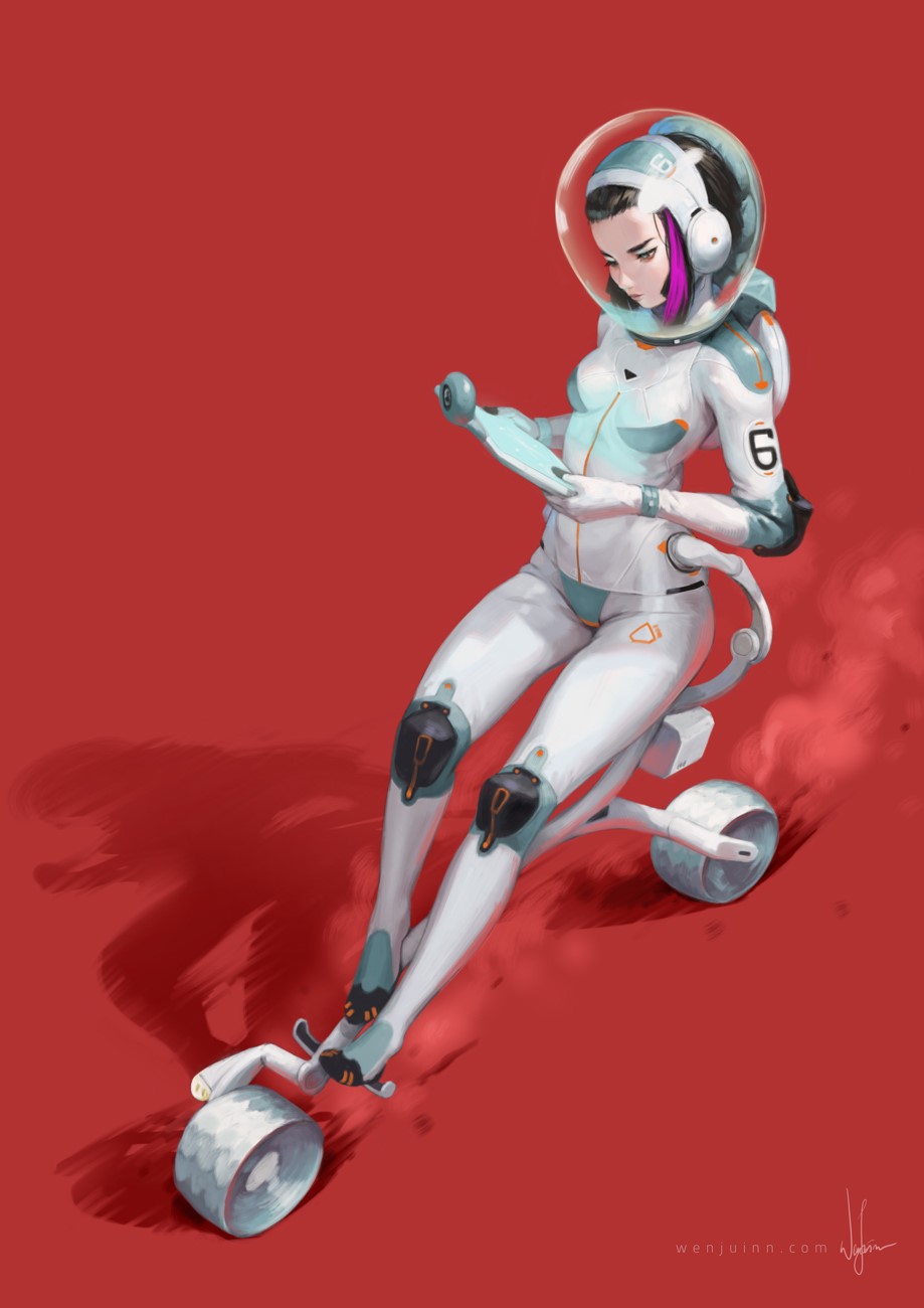 Astronaut girl on a futuristic scooter HD Phone Wallpaper
