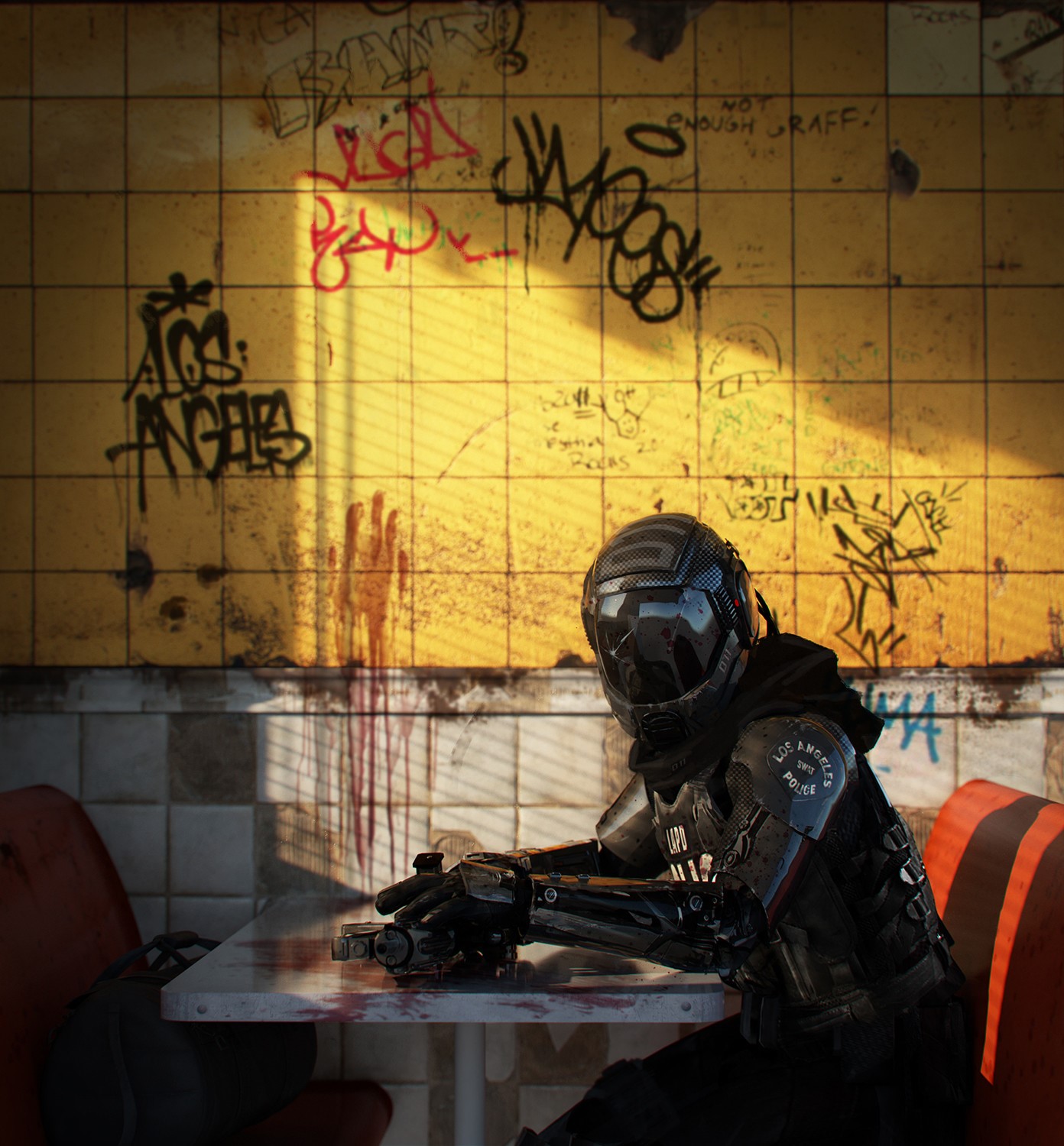 Futuristic SWAT officer in Los Angeles diner HD Phone Wallpaper