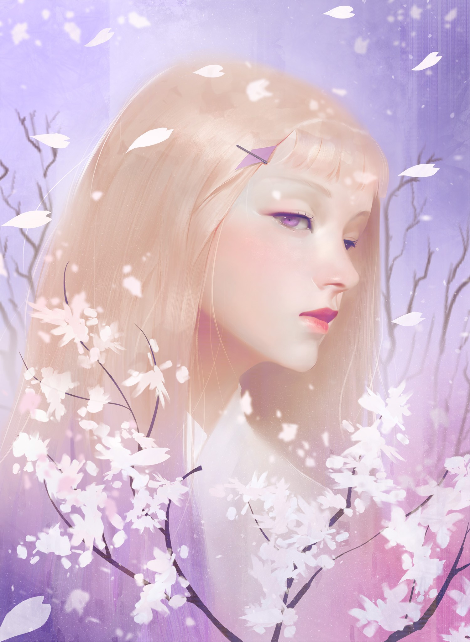 Anime girl with blonde hair and purple eyes surrounded by cherry blossoms HD Phone Wallpaper