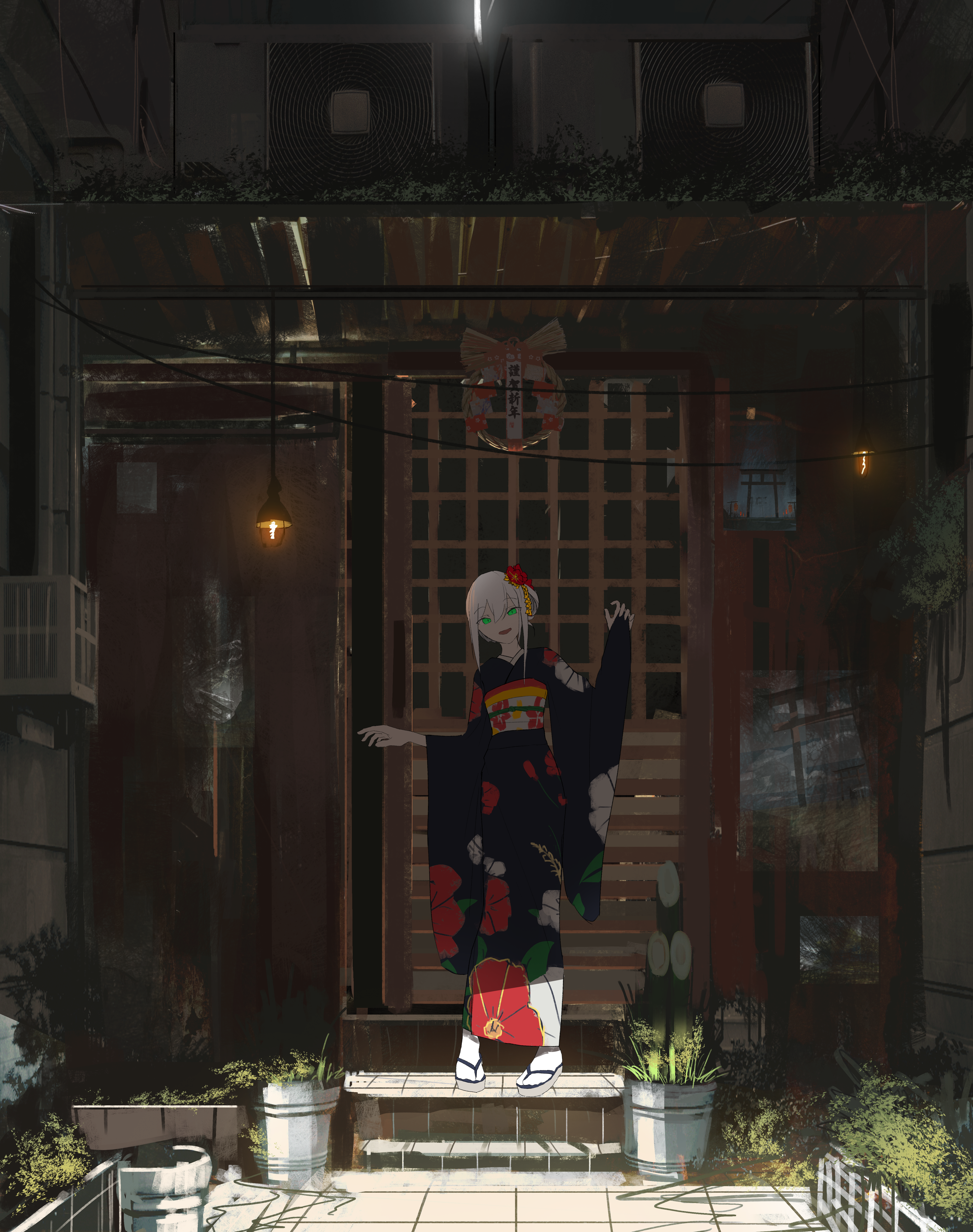 Anime girl in kimono standing in front of a building HD Phone Wallpaper