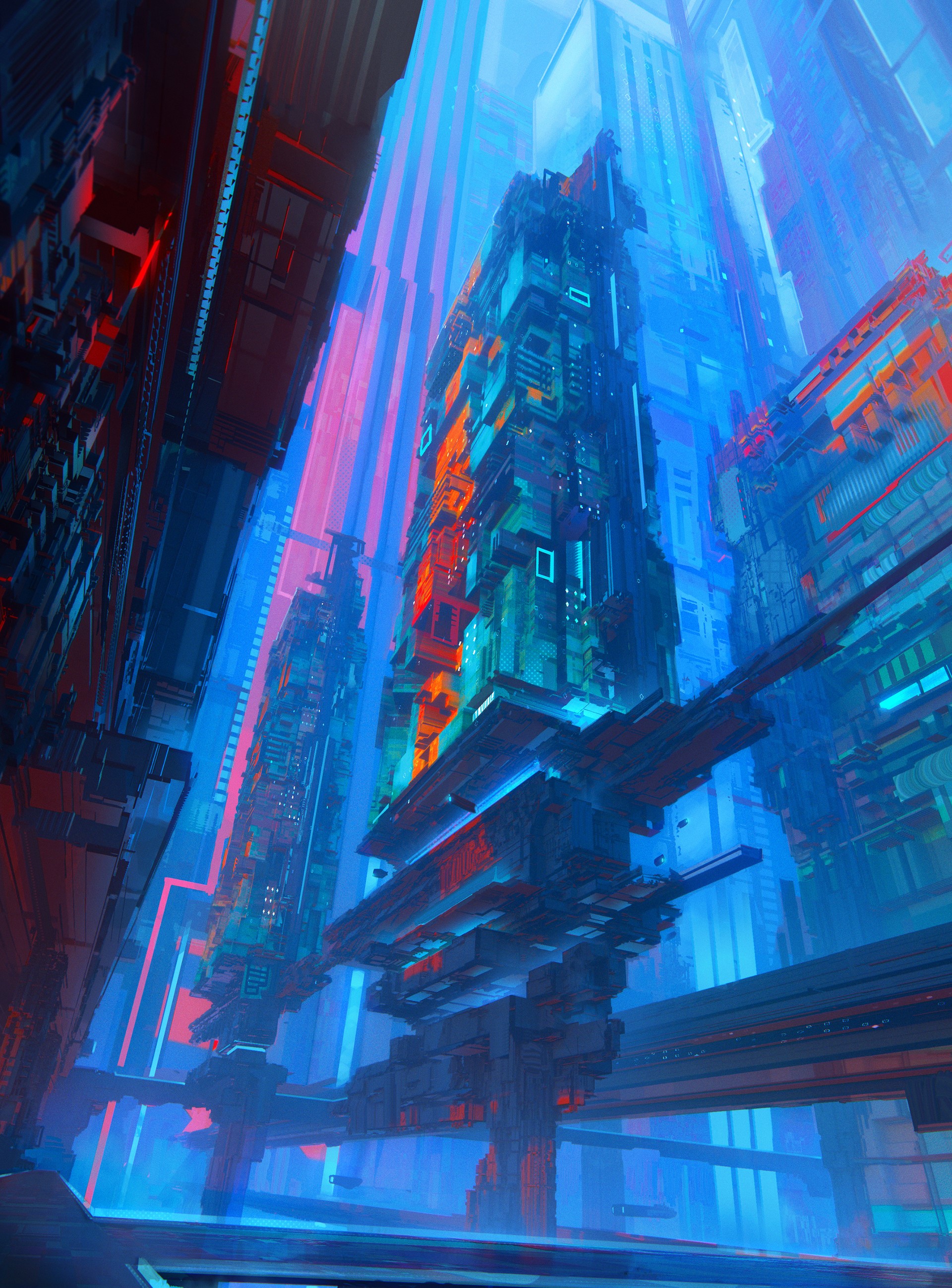 Digital artwork of a futuristic city with cyan and saturation HD Phone Wallpaper