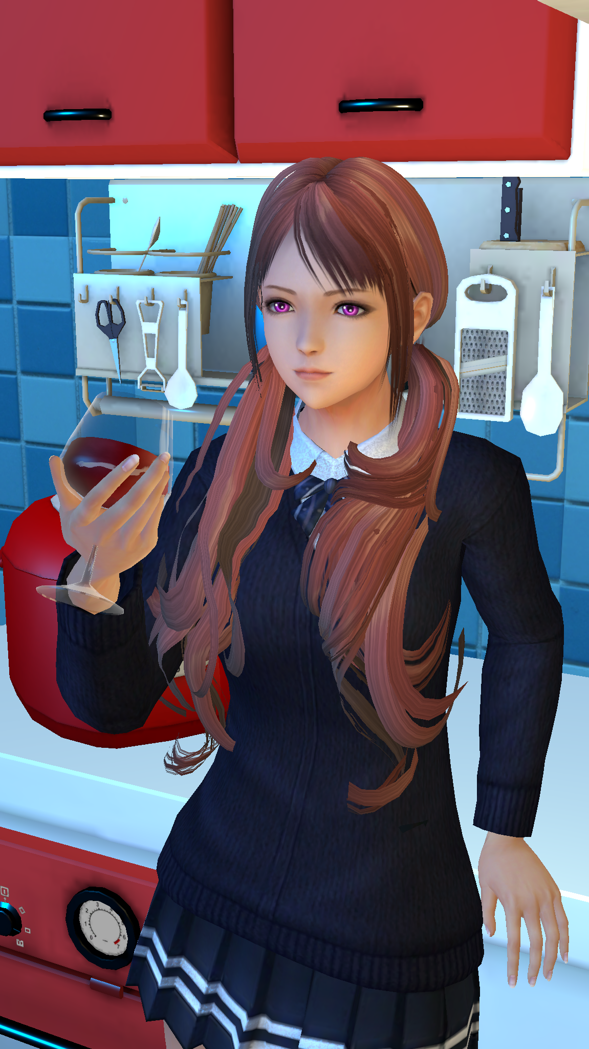 Anime girl in school uniform holding wine glass in kitchen HD Phone Wallpaper