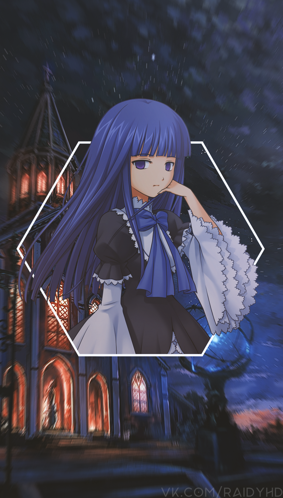Anime girl with blue hair in front of a church at night HD Phone Wallpaper