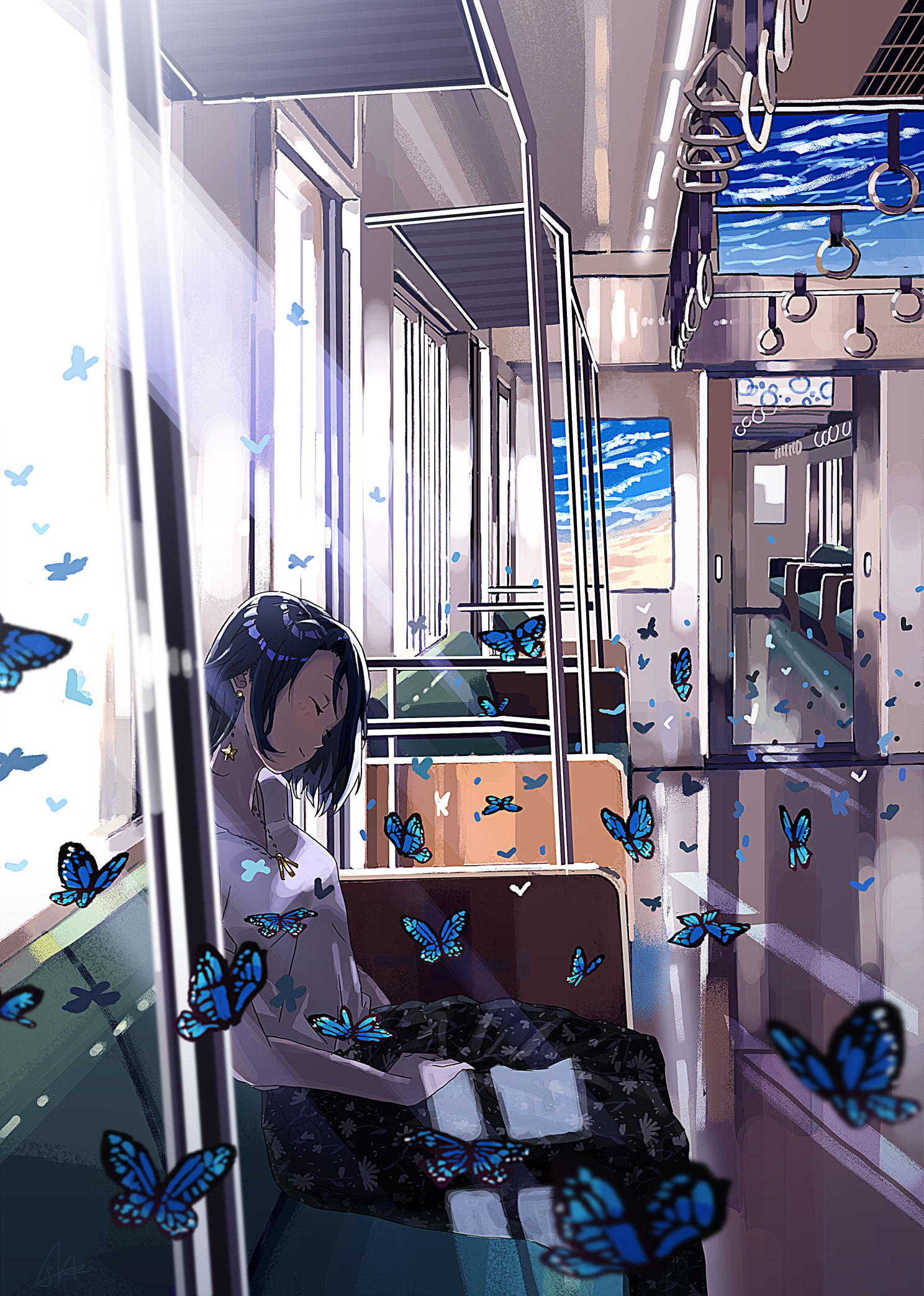 Anime girl on a train surrounded by butterflies HD Phone Wallpaper