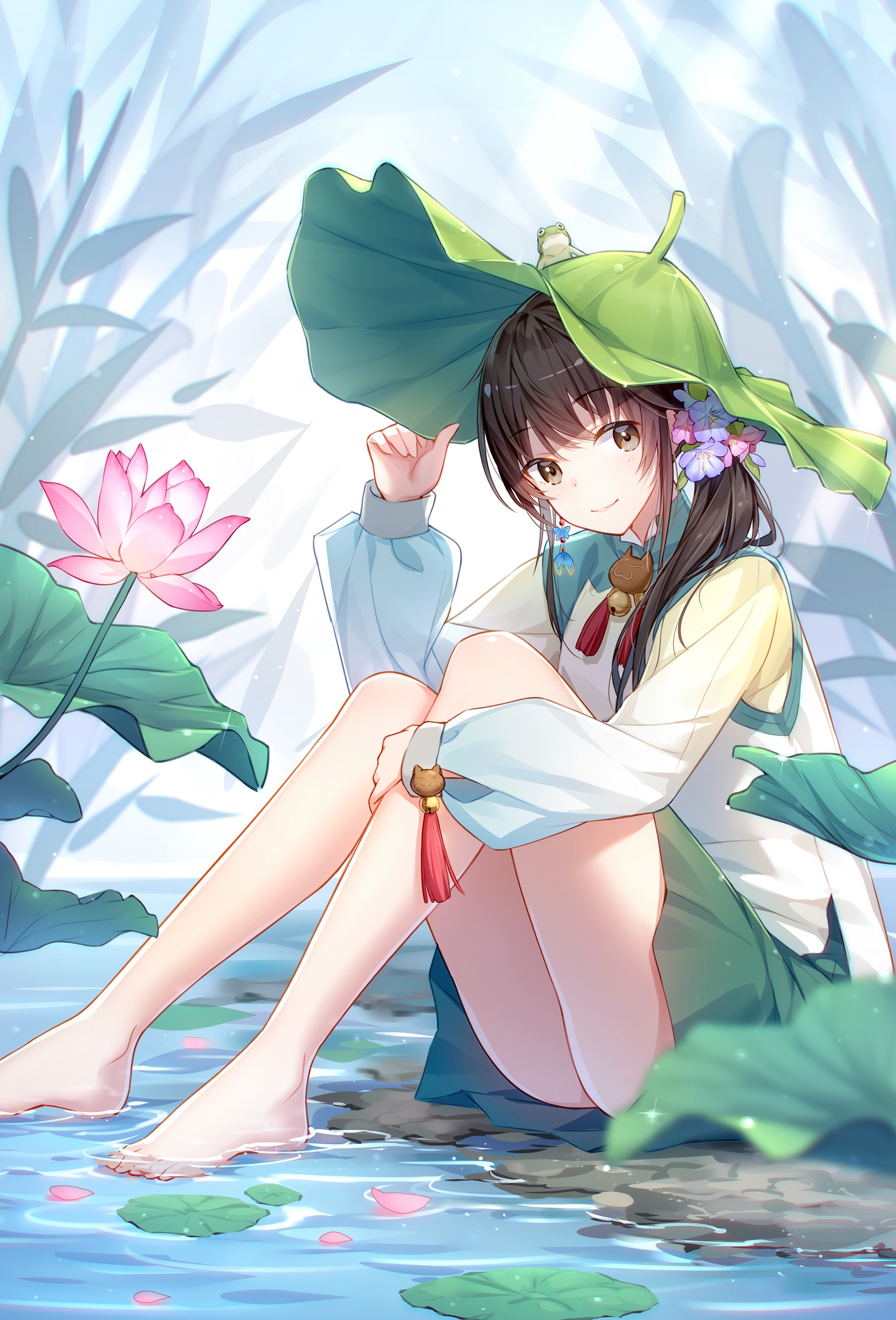 Anime girl with dark hair sitting by water with lotus leaves HD Phone Wallpaper