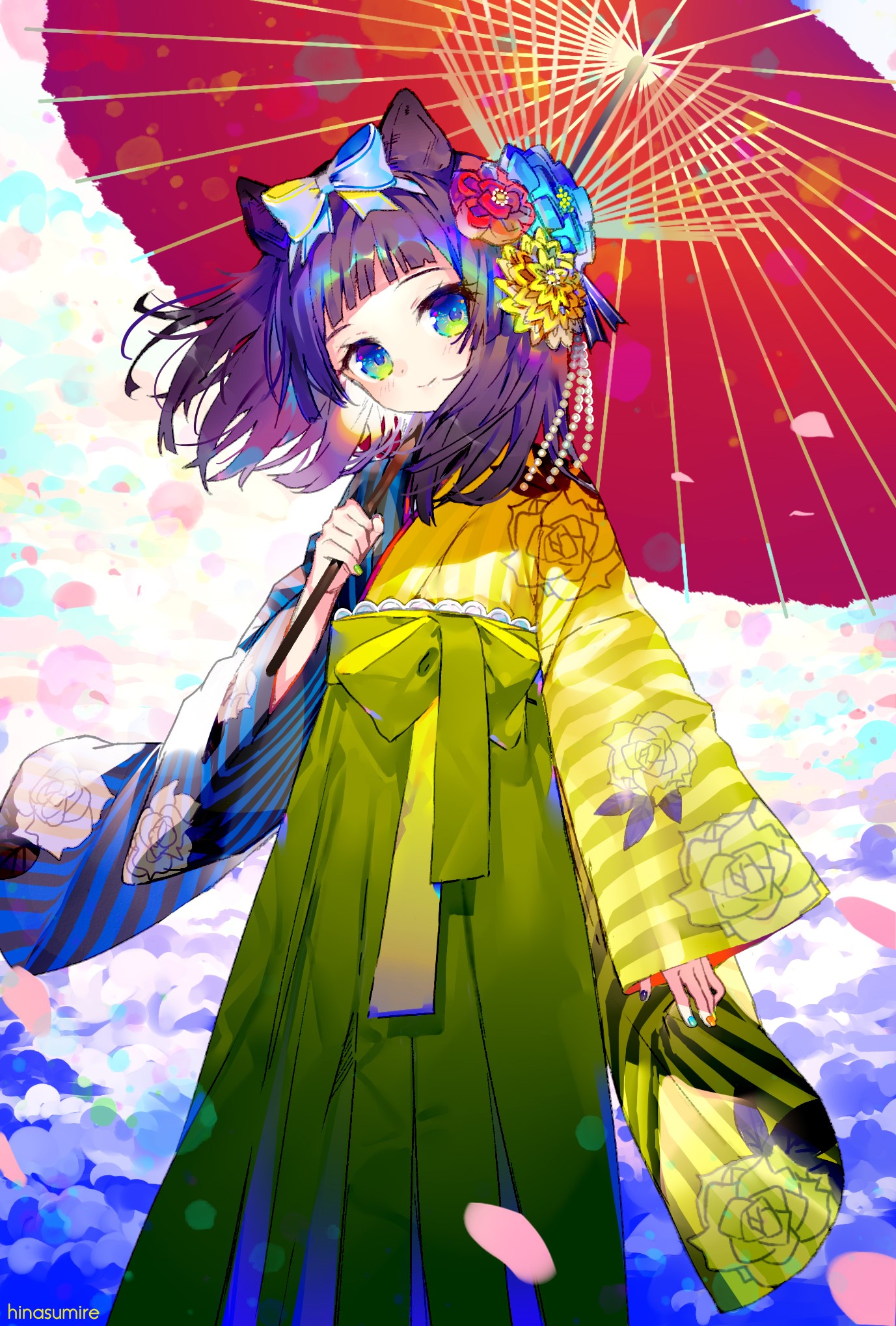 Anime girl with purple hair holding a red umbrella HD Phone Wallpaper