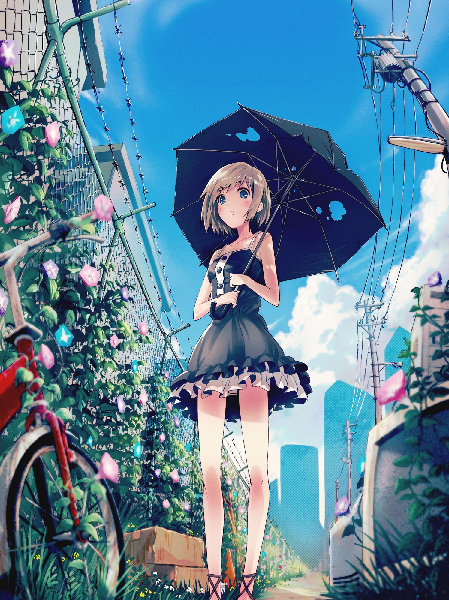 Anime girl with umbrella and bicycle HD Phone Wallpaper