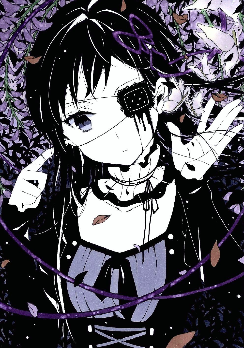 Anime girl with eyepatch and purple flowers HD Phone Wallpaper