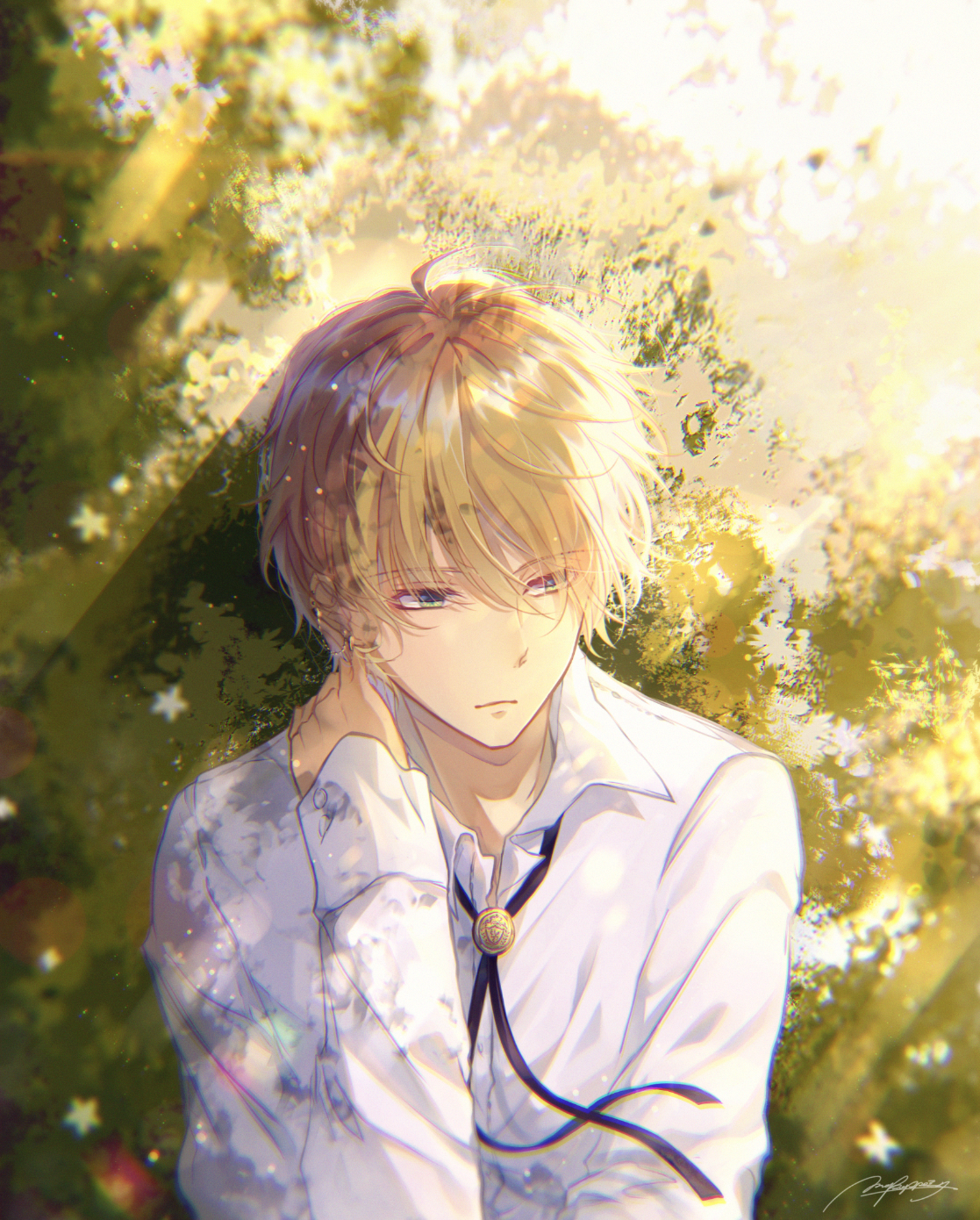 Anime boy with blonde hair and green eyes in sunlight HD Phone Wallpaper