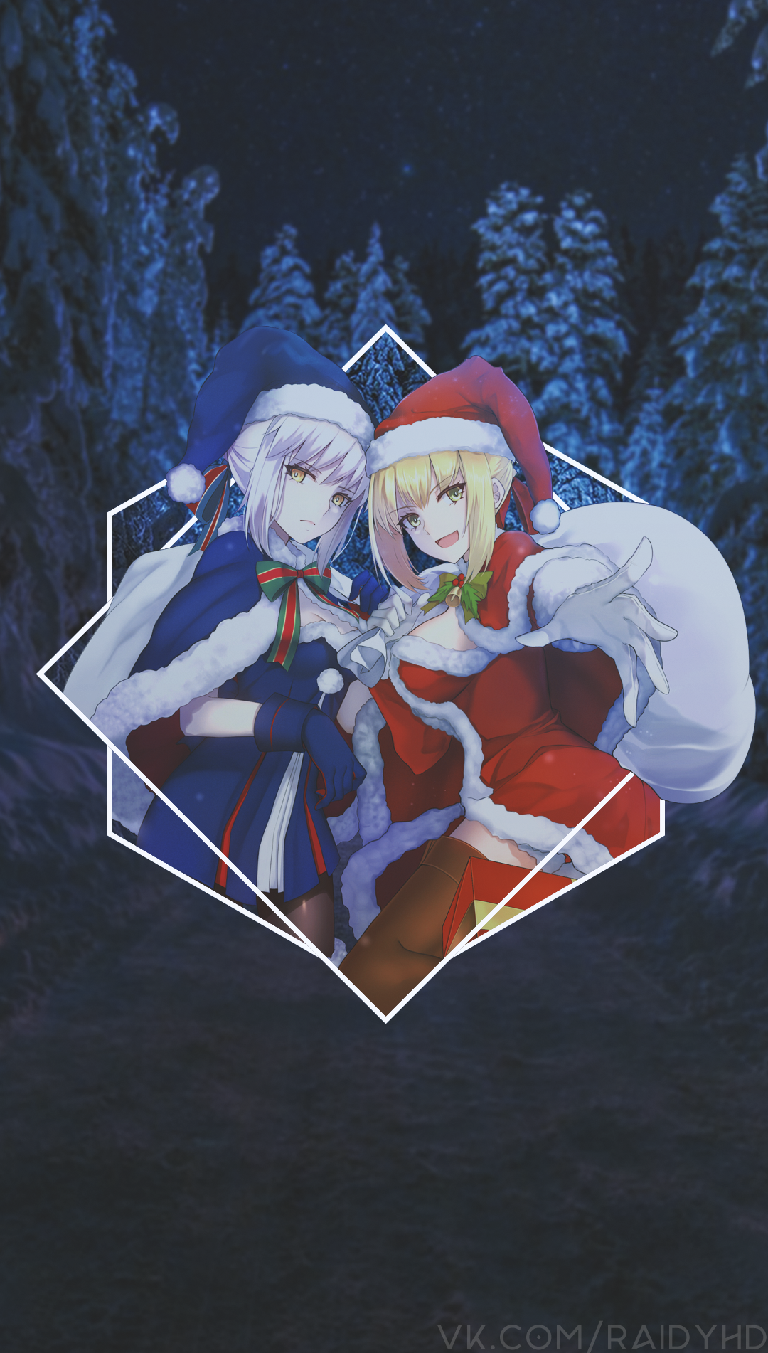 Two anime girls in Santa outfits in a forest HD Phone Wallpaper