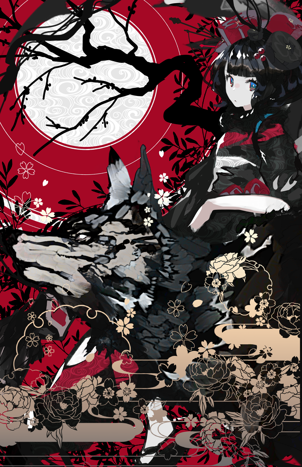 Anime girl with wolf and flowers under the moon HD Phone Wallpaper