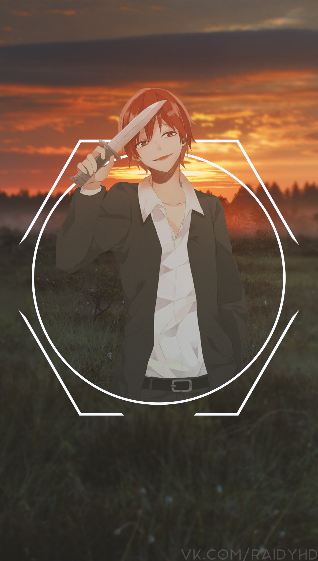 Anime boy with red hair holding a knife HD Phone Wallpaper