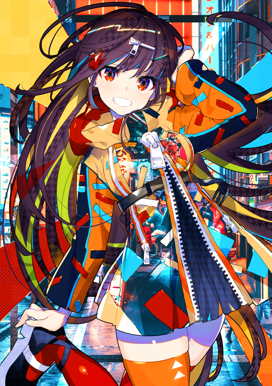 Anime girl with long hair and colorful outfit in city HD Phone Wallpaper