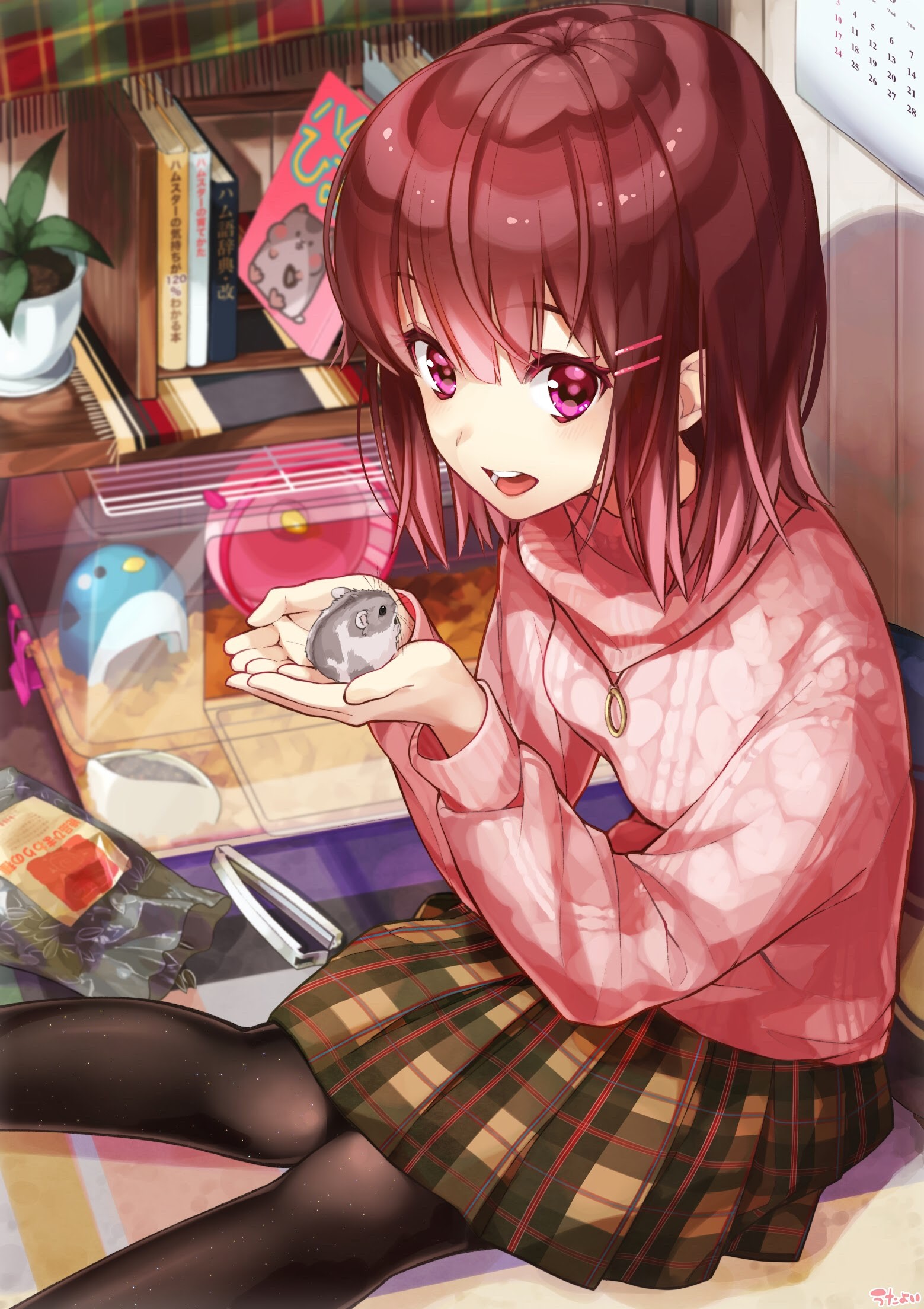 Anime girl holding a hamster indoors HD Phone Wallpaper