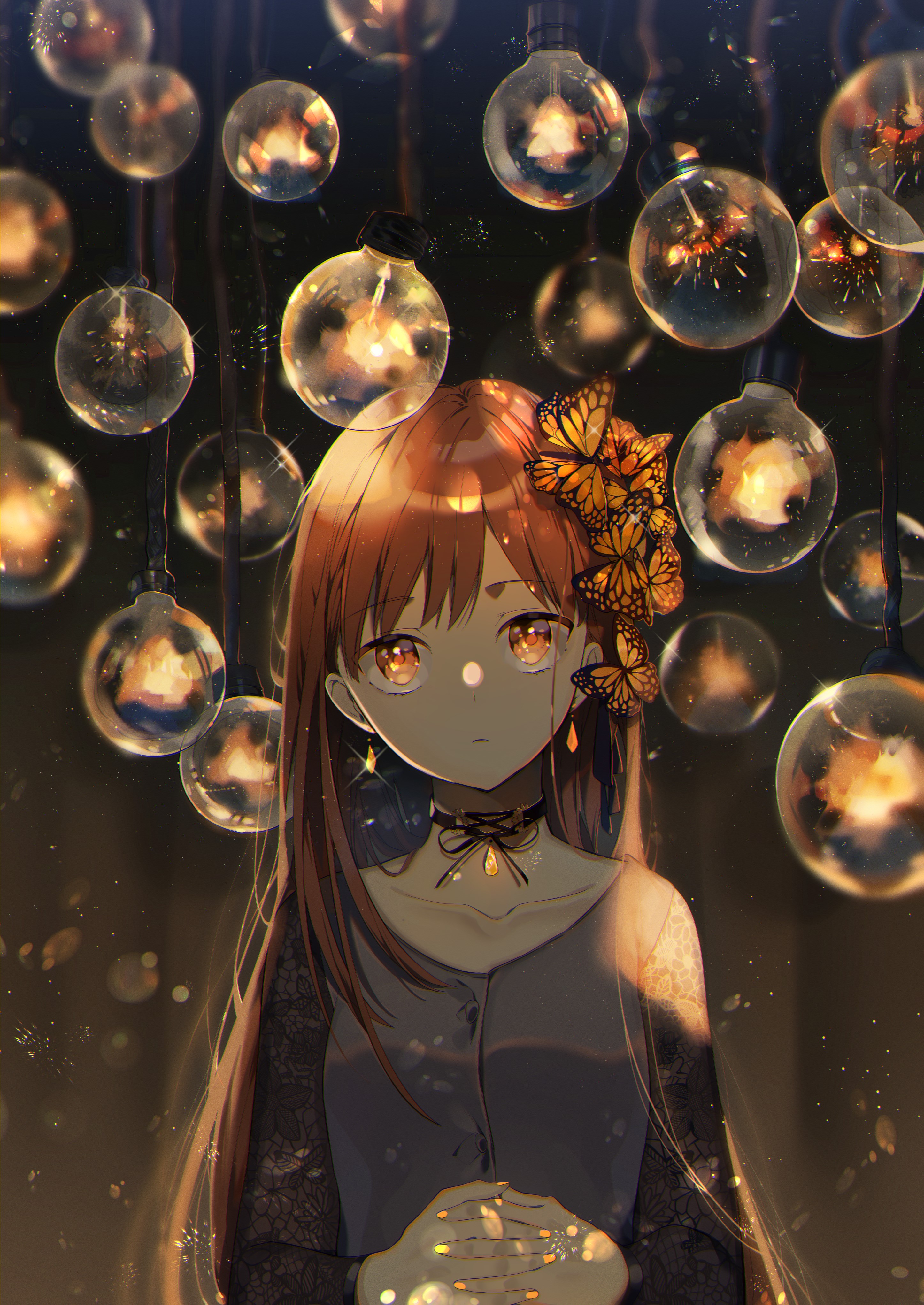 Anime girl with butterflies and lights HD Phone Wallpaper