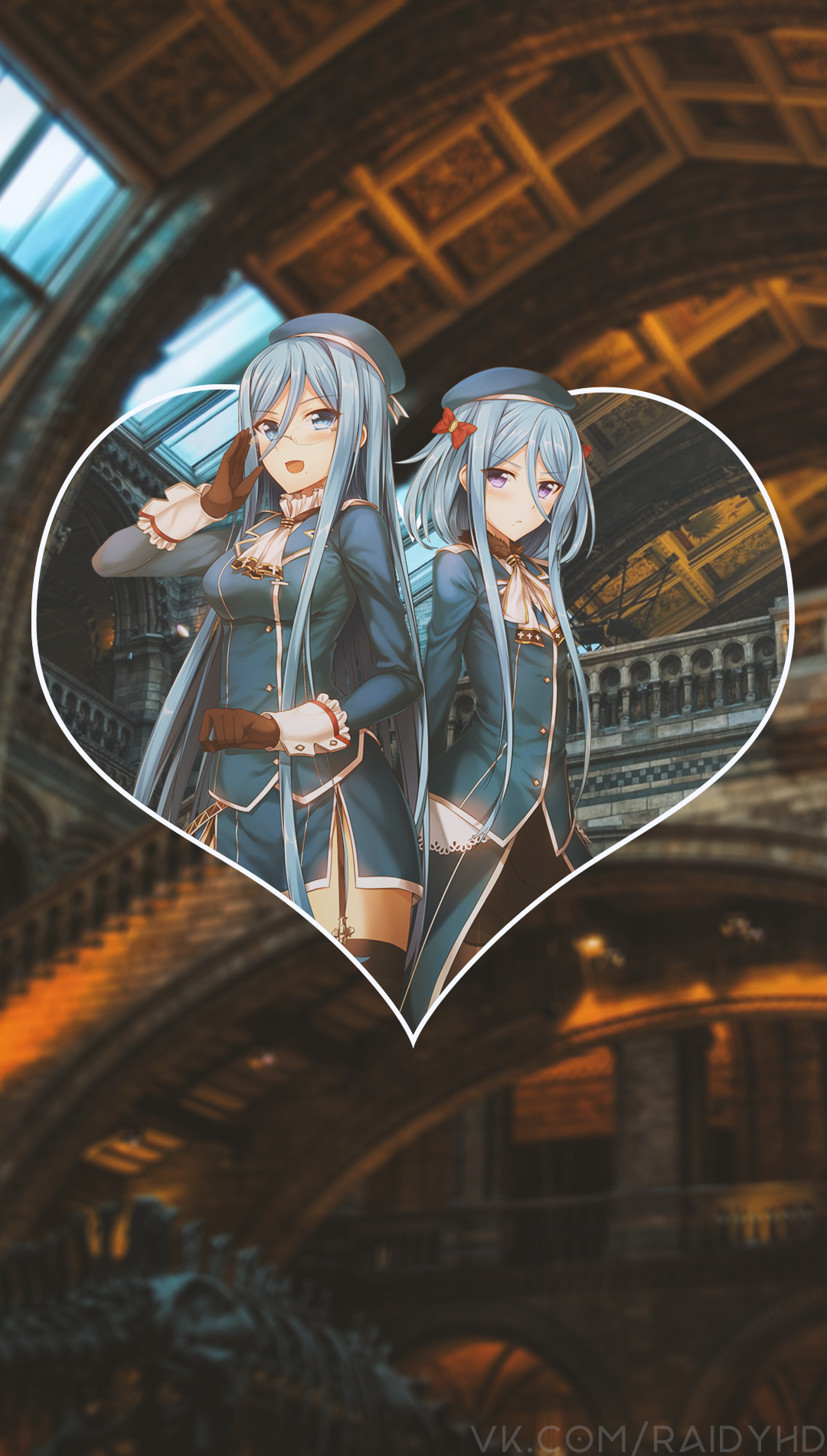 Two anime girls in blue uniforms inside a heart frame HD Phone Wallpaper