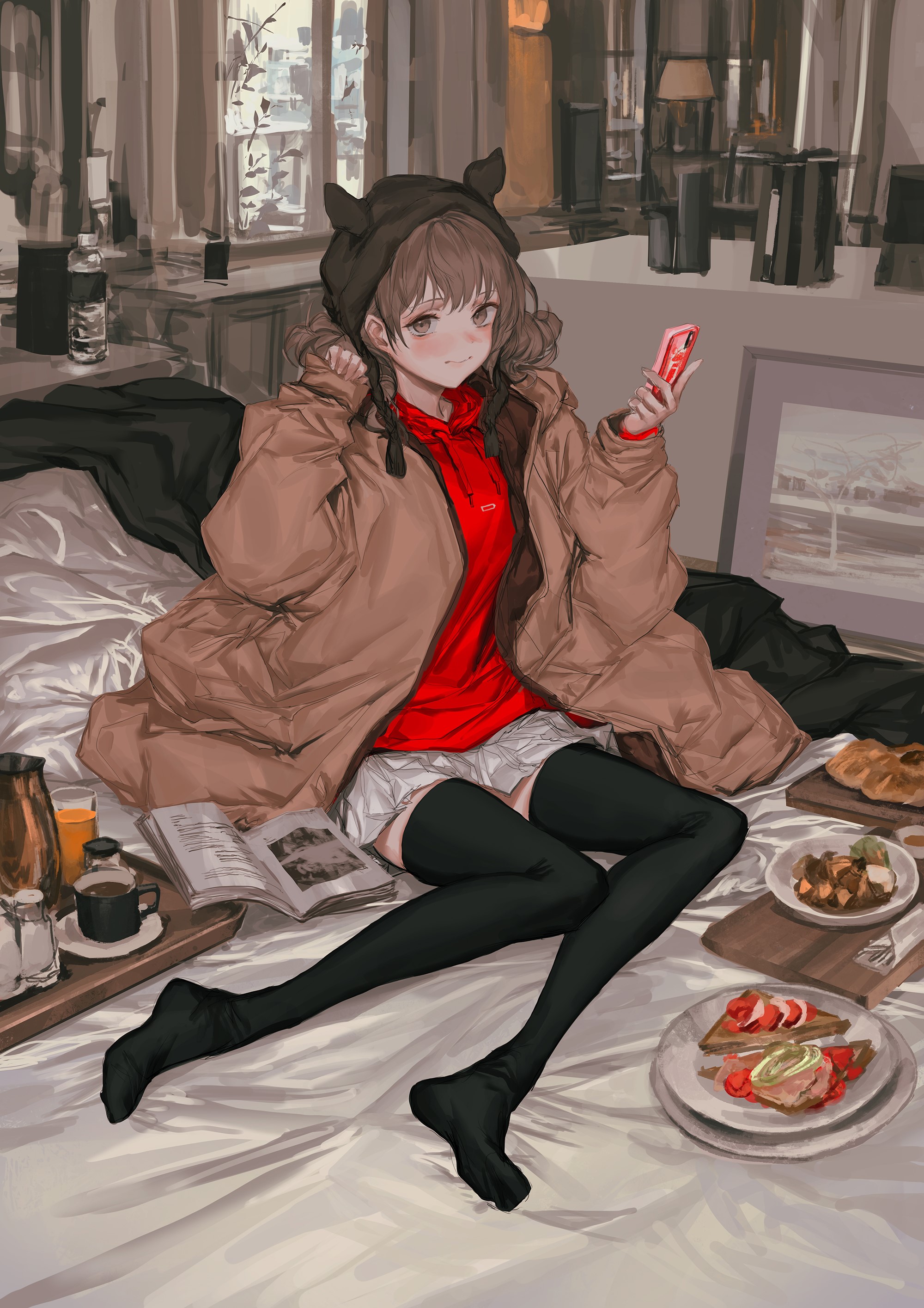 Anime girl with smartphone and food on bed HD Phone Wallpaper