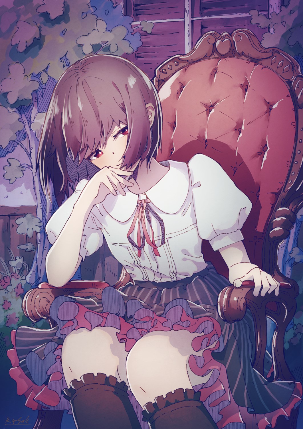 Anime girl with red eyes sitting in a chair HD Phone Wallpaper