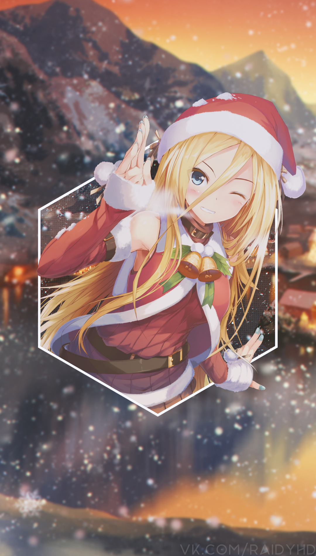 Anime girl in Santa outfit with blonde hair and blue eyes HD Phone Wallpaper