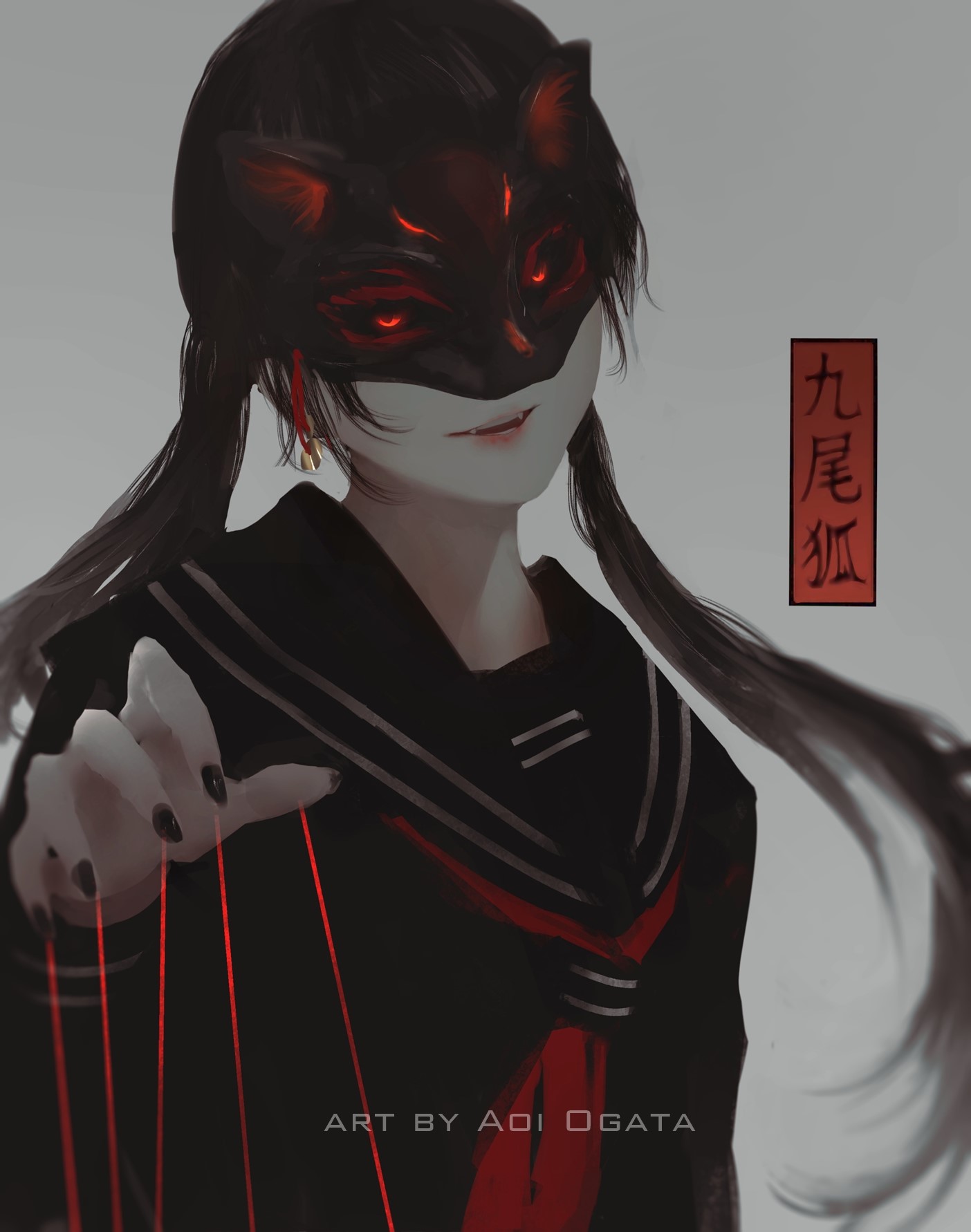 Anime girl with fox mask and strings HD Phone Wallpaper