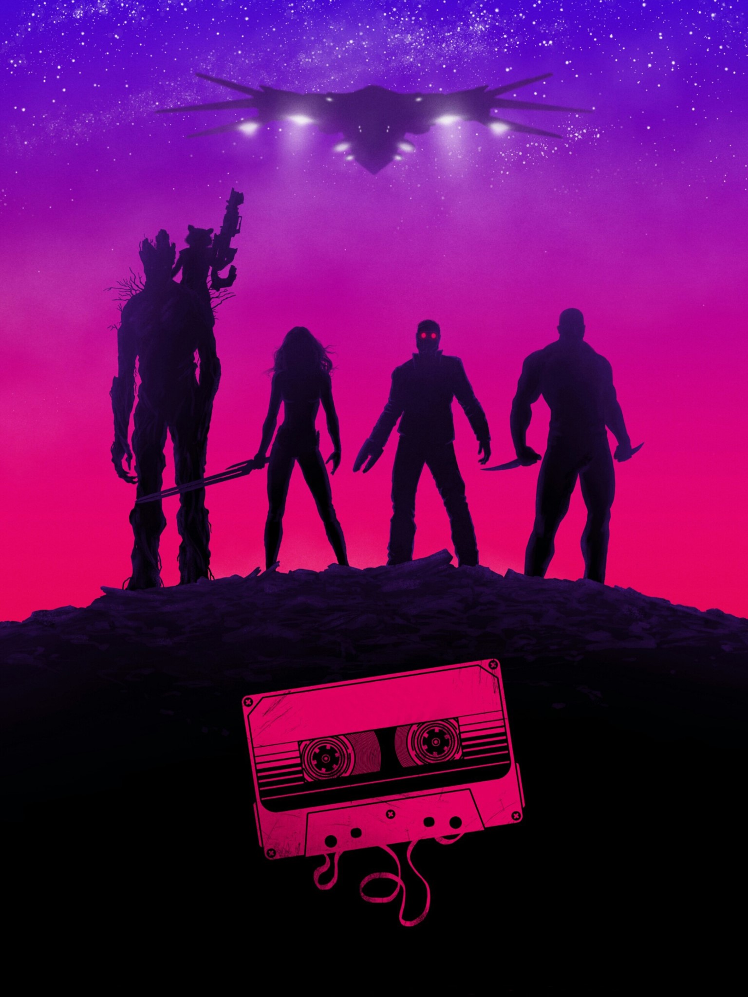 Guardians of the Galaxy silhouettes with spaceship and cassette tape HD Phone Wallpaper