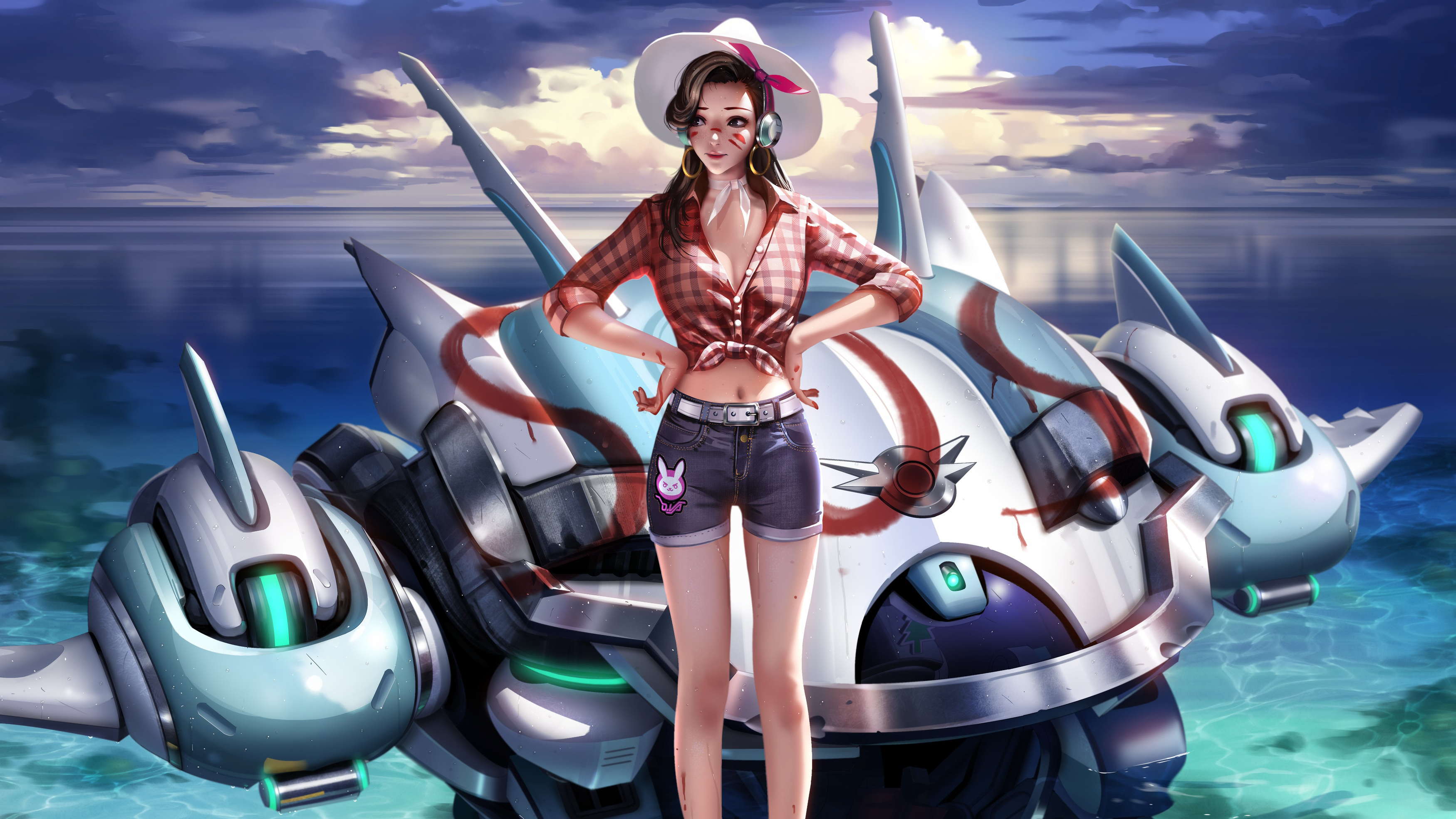 D.Va from Overwatch in summer attire with her mech HD Wallpaper