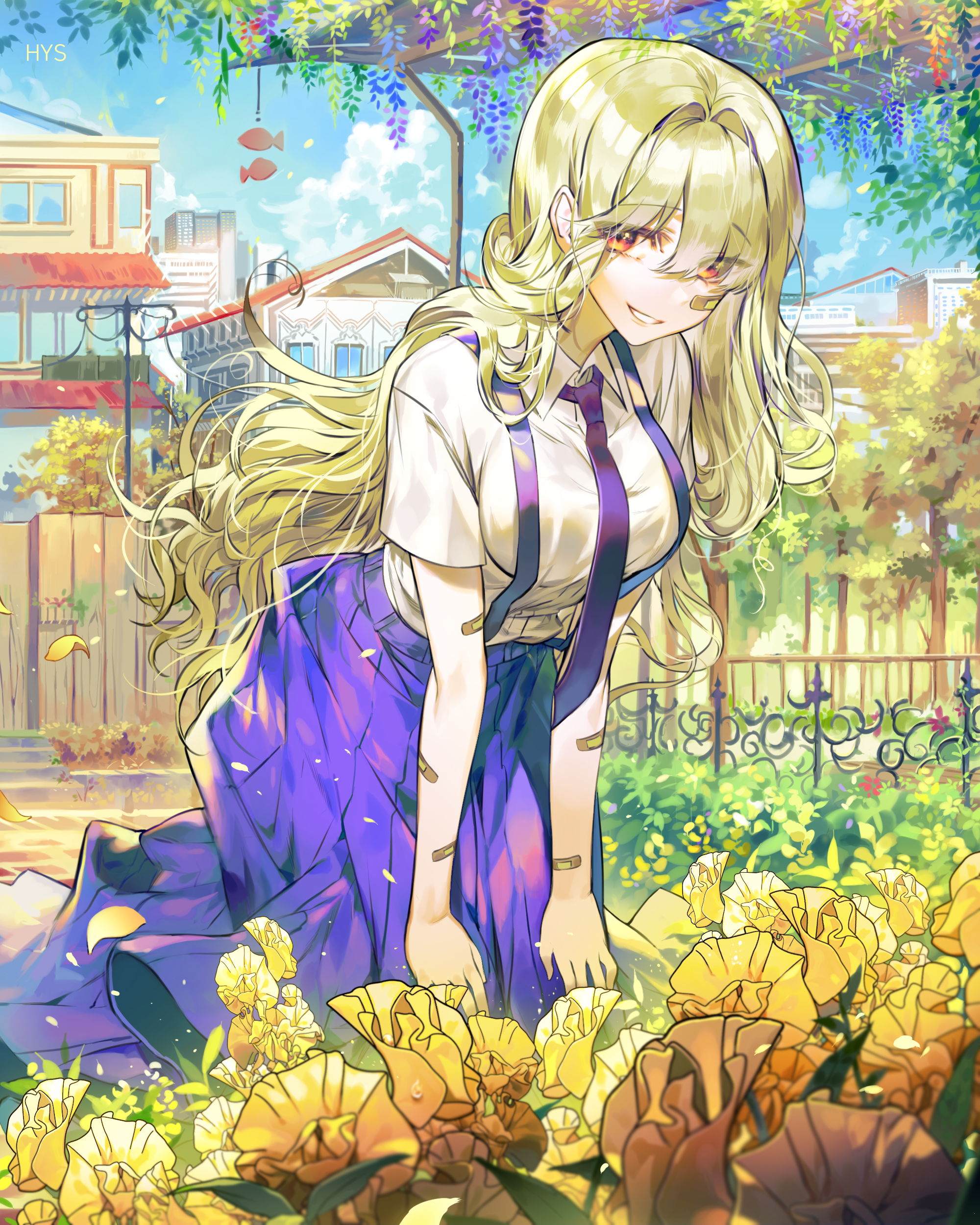 Anime girl with blonde hair in a garden HD Phone Wallpaper