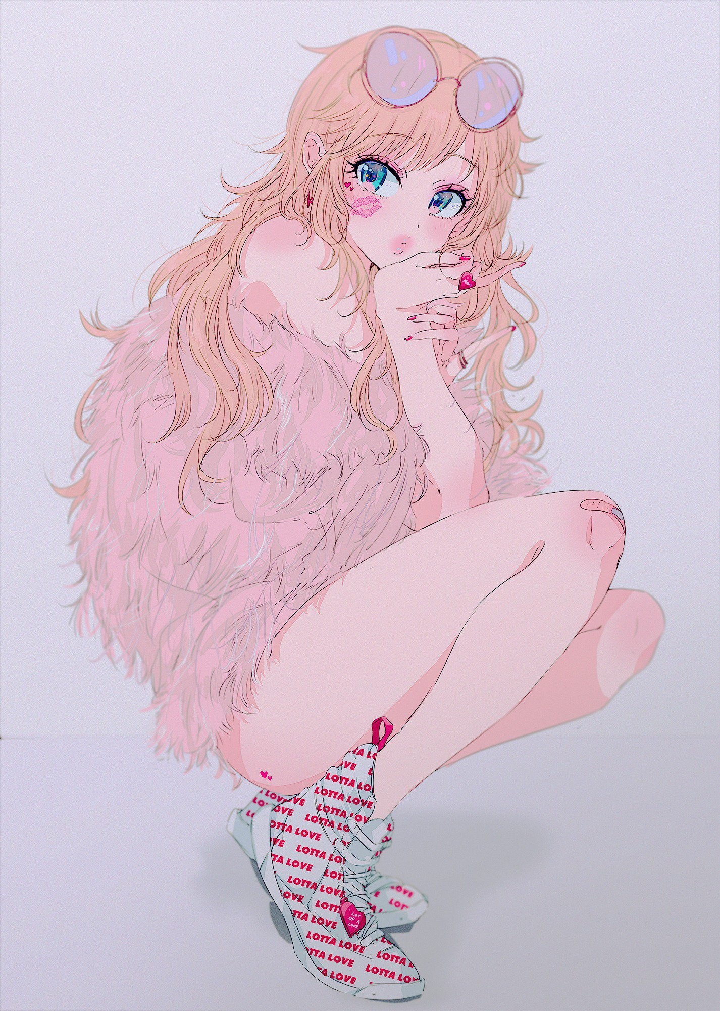 Anime girl with pink fur coat and sneakers HD Phone Wallpaper