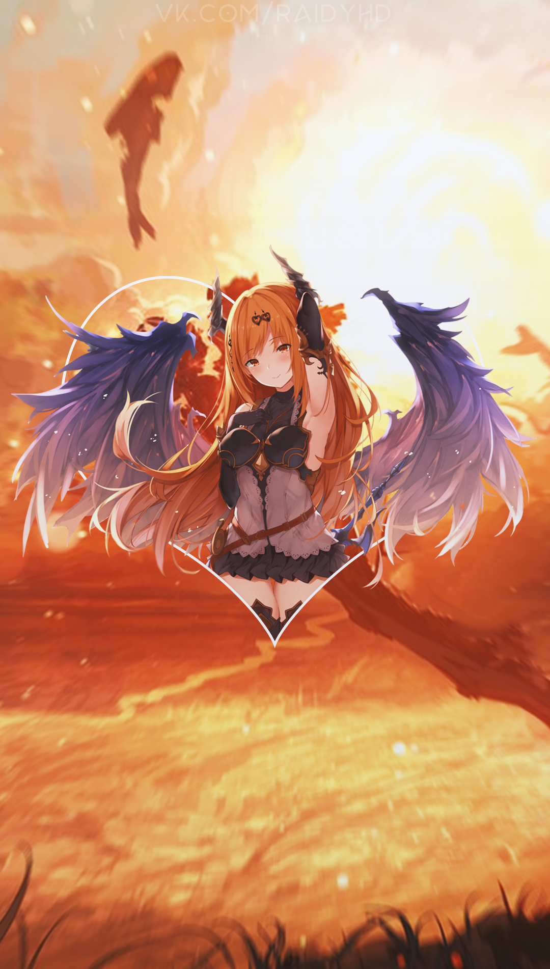 Anime girl with wings in a heart frame HD Phone Wallpaper